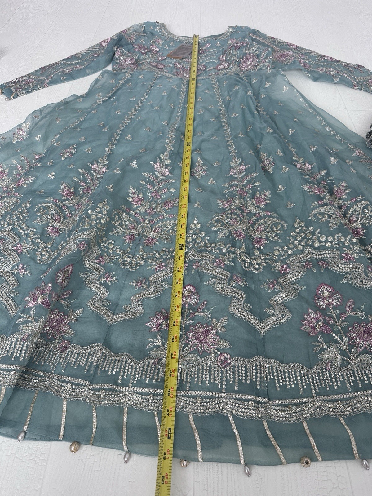 NWT Maria B 3 pc Outfit Dress sz L Gown Skirt Shawl Embroidery Bead/Sequin Green