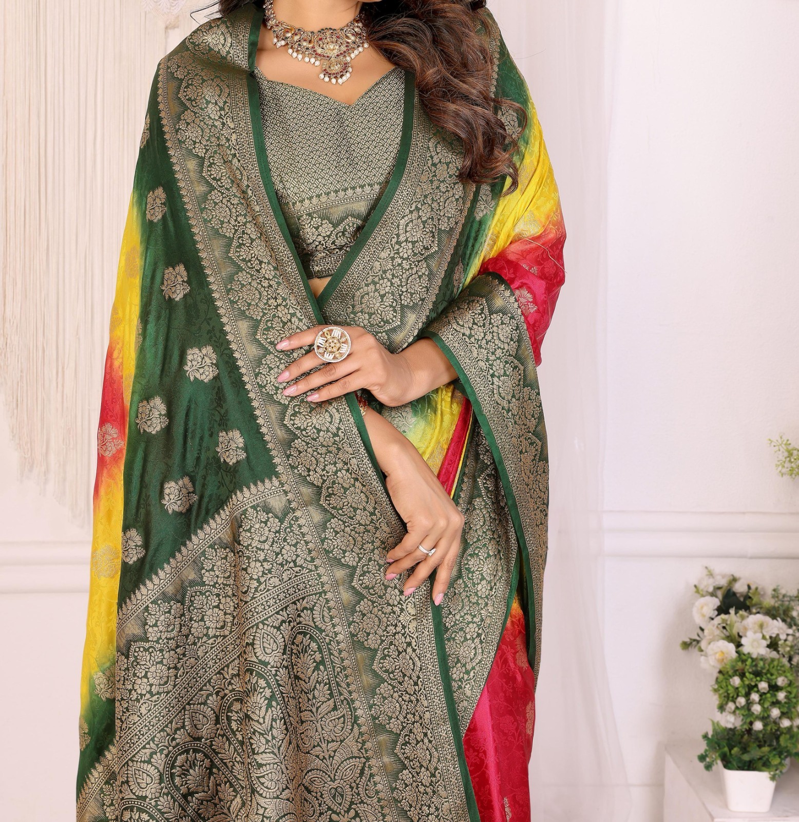 Buy 1 Get One Free Premium 3D Multi-Color Satin Silk Sari With Rich Zari Weaving