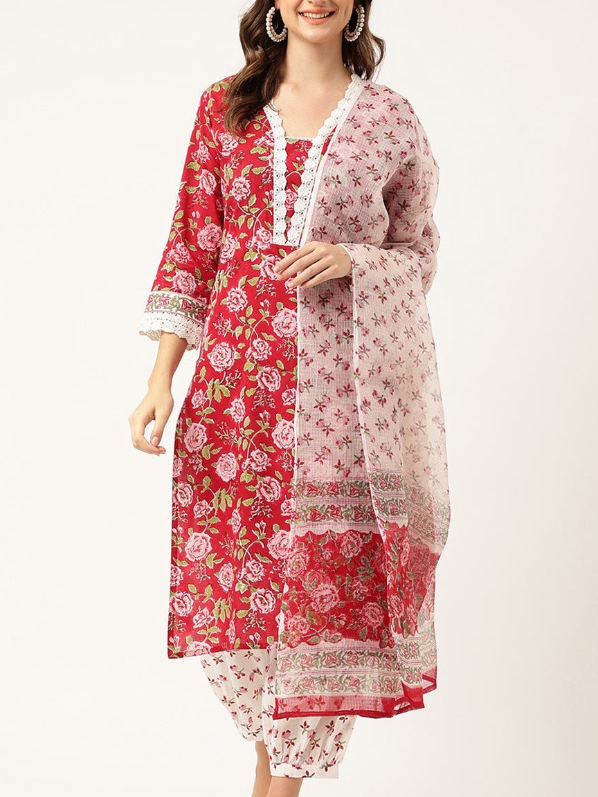 Floral Hand Block Print Kurta Trouser Kota Dori Dupatta Set Plus Size Women