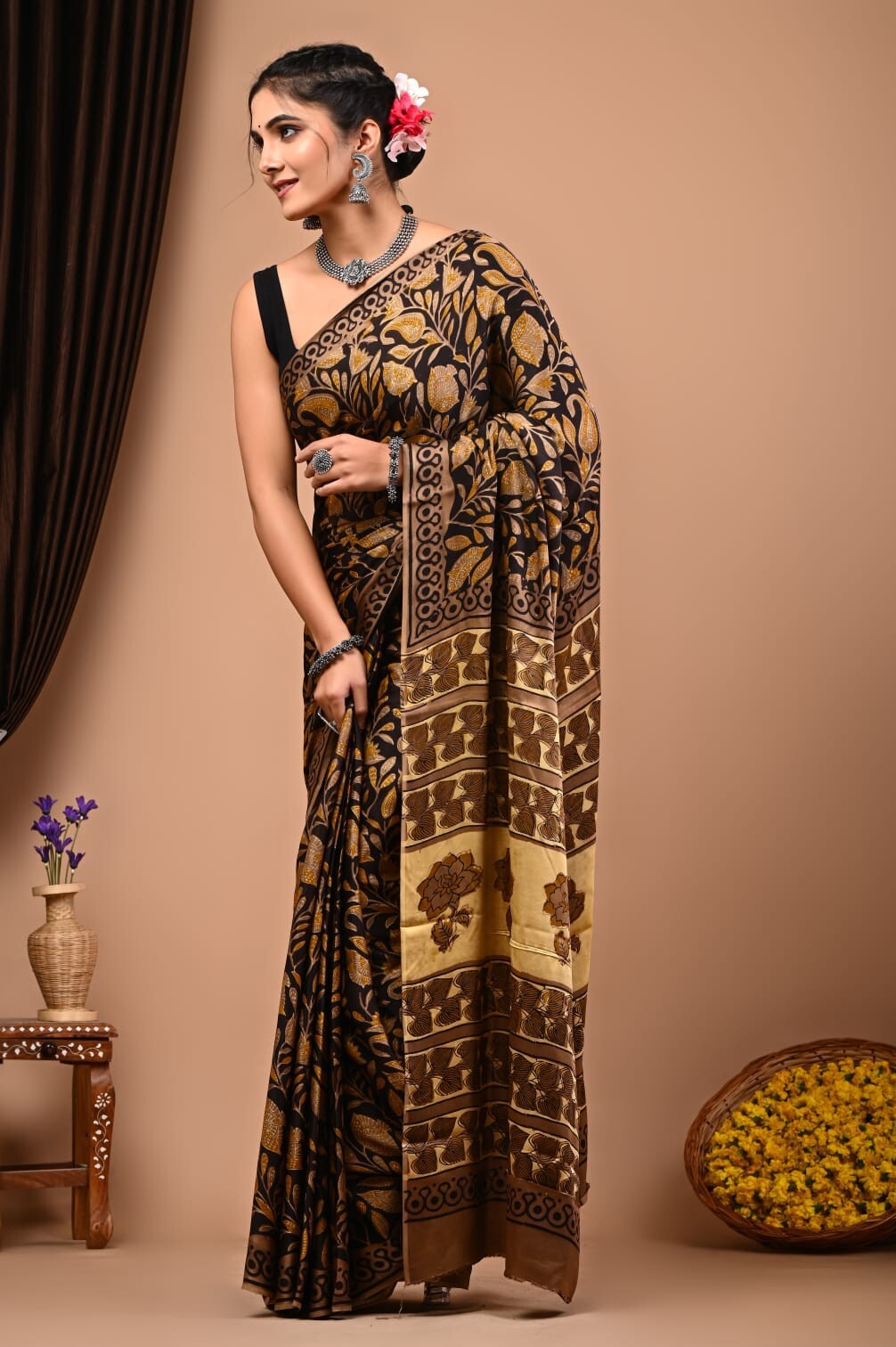 Natural Dye Vegetable Hand Block Print Saree, Pure Modal Silk Saree