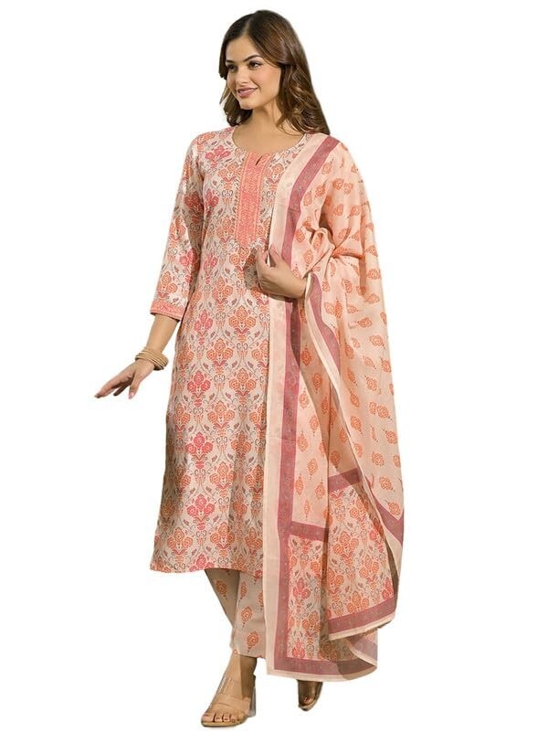 Women’s Cream Rayon Blend Floral Straight Printed Kurta Pant With Dupatta