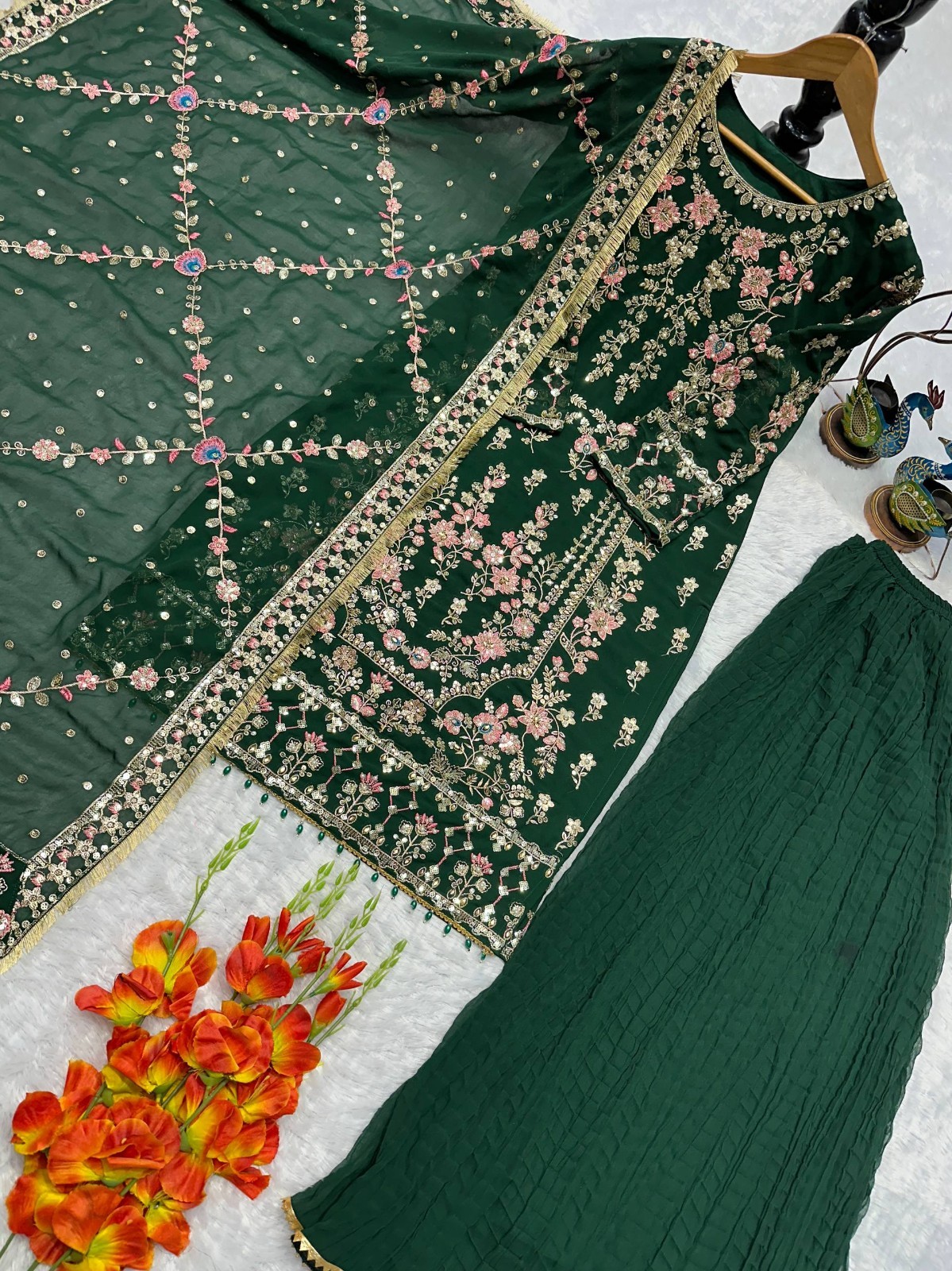 Stylish Heavy Faux Georgette Green Top Palazzo With Dupatta For Festival Wear