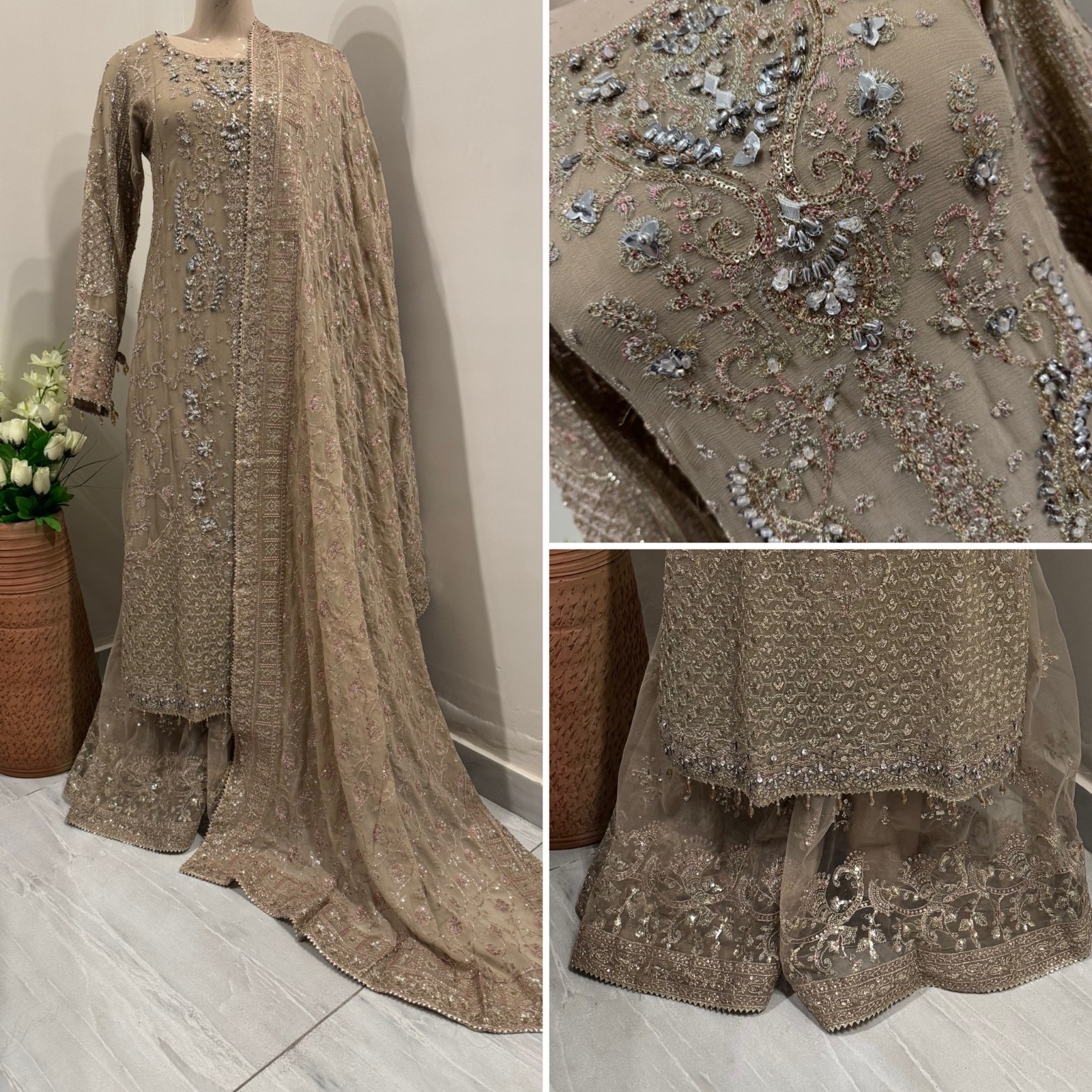 Pakistani Dark Beige Straight Style Embroidered Sequins Chiffon Sharara Dress,S