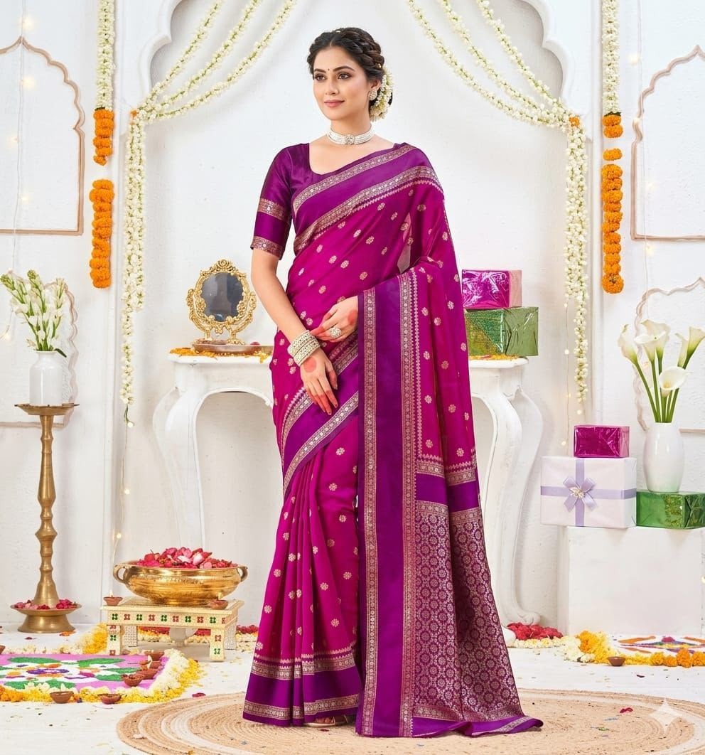 Banarasi Soft Lichi Silk Saree Rich Pallu Jacquard Work Exclusive Border Blouse