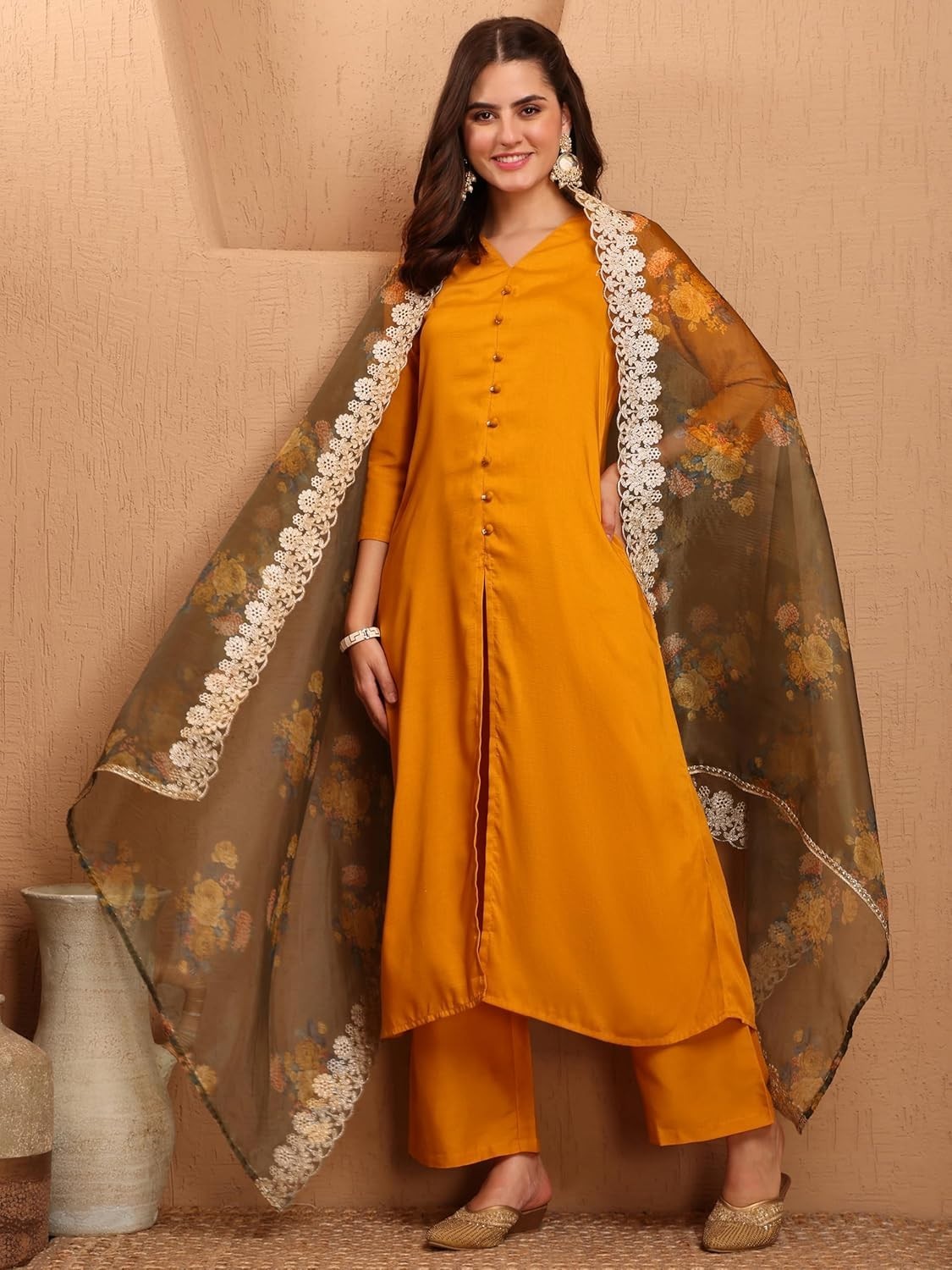 Women’s Cotton Silk Solid Hight Front Slit A-Line Kurta Palazzo &Organza Dupatta