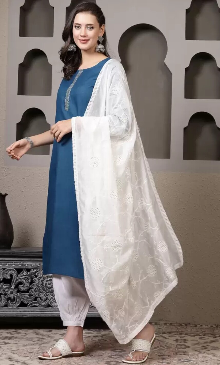 Indian Wear ; Women Teal Blue Lace design Solid Kurta Salwar and dupatta