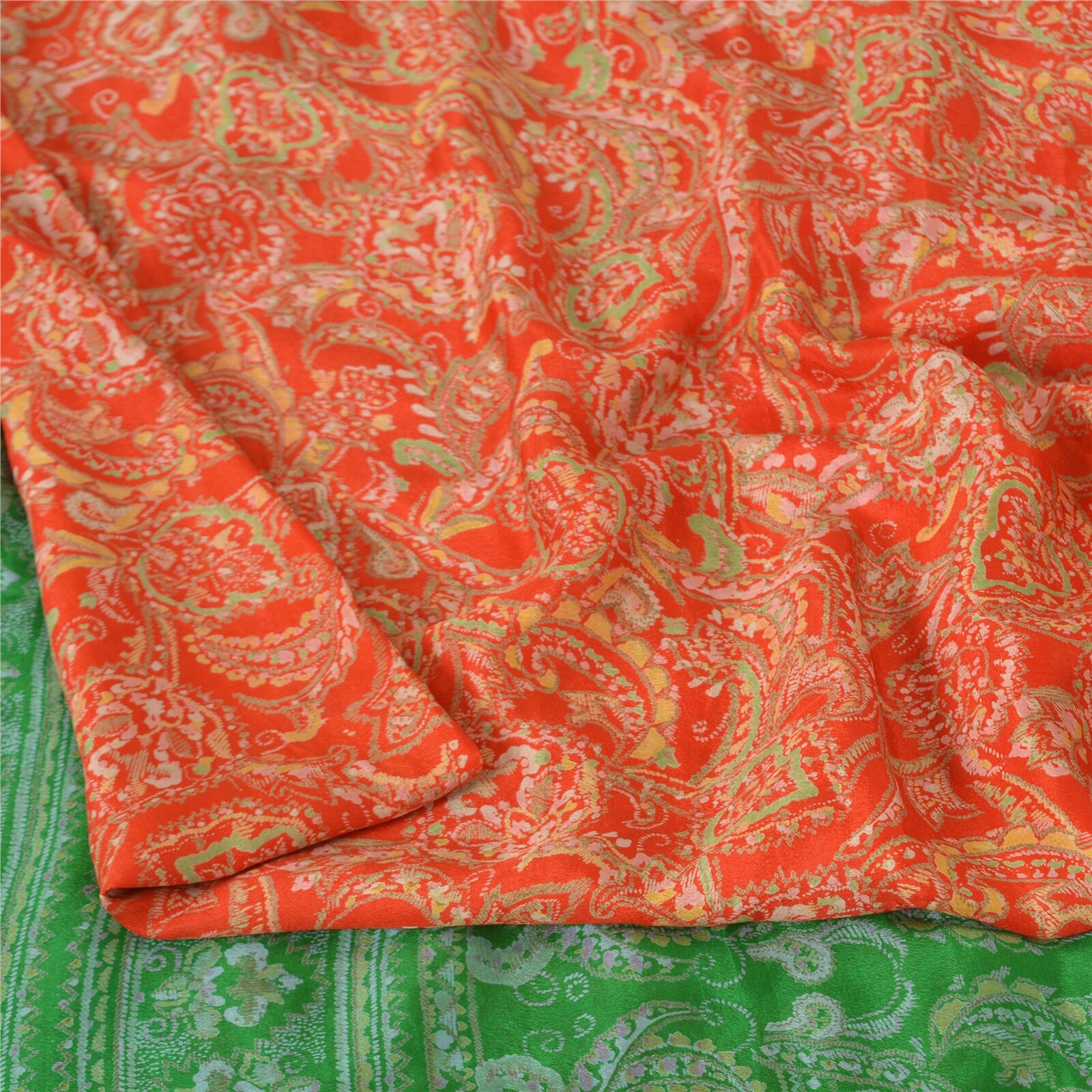 Sanskriti Vintage Sarees Red & Green Printed Pure Silk Sari Soft Craft Fabric