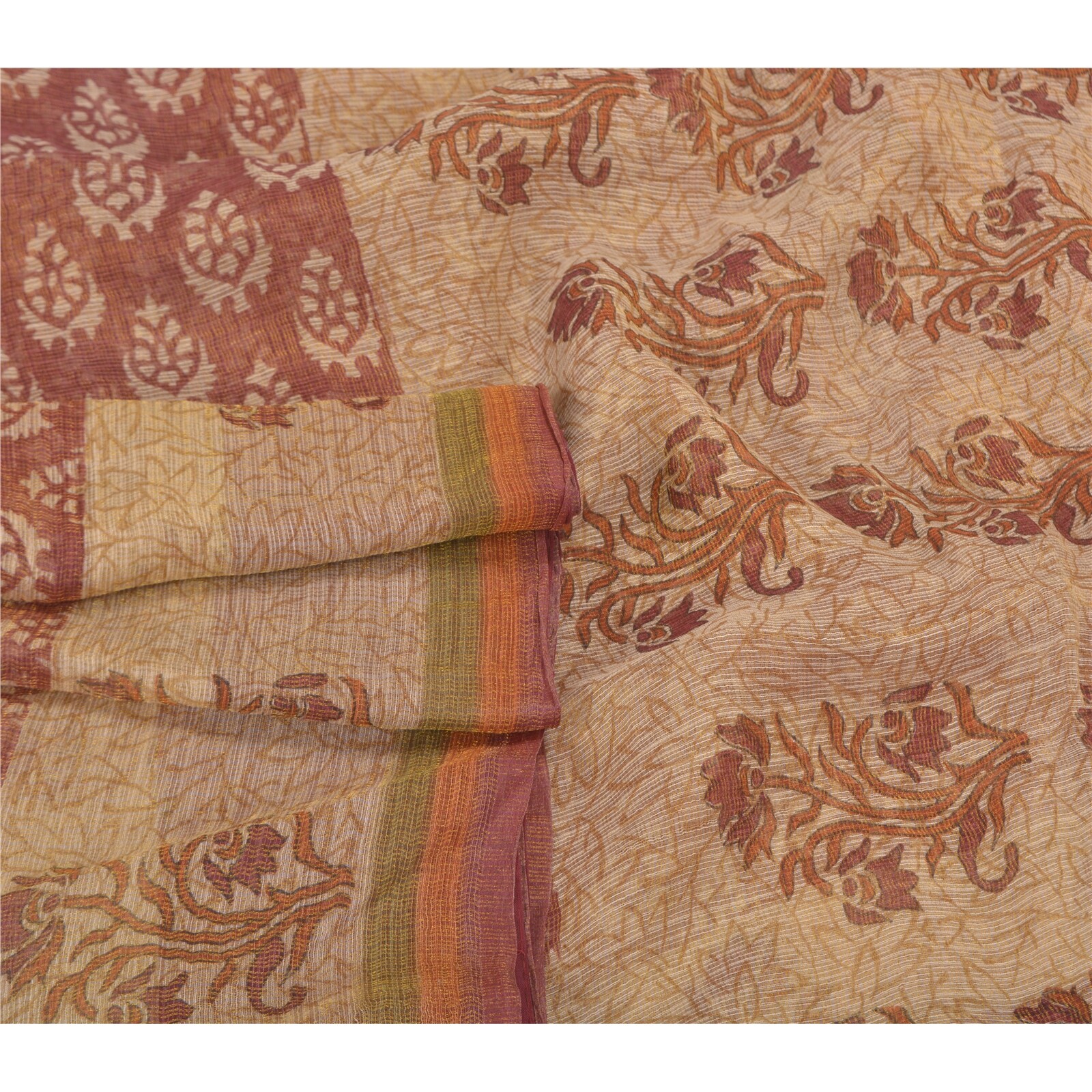 Sanskriti Vintage Brown Indian Sarees 100% Pure Silk Printed 5 Yard Sari Fabric