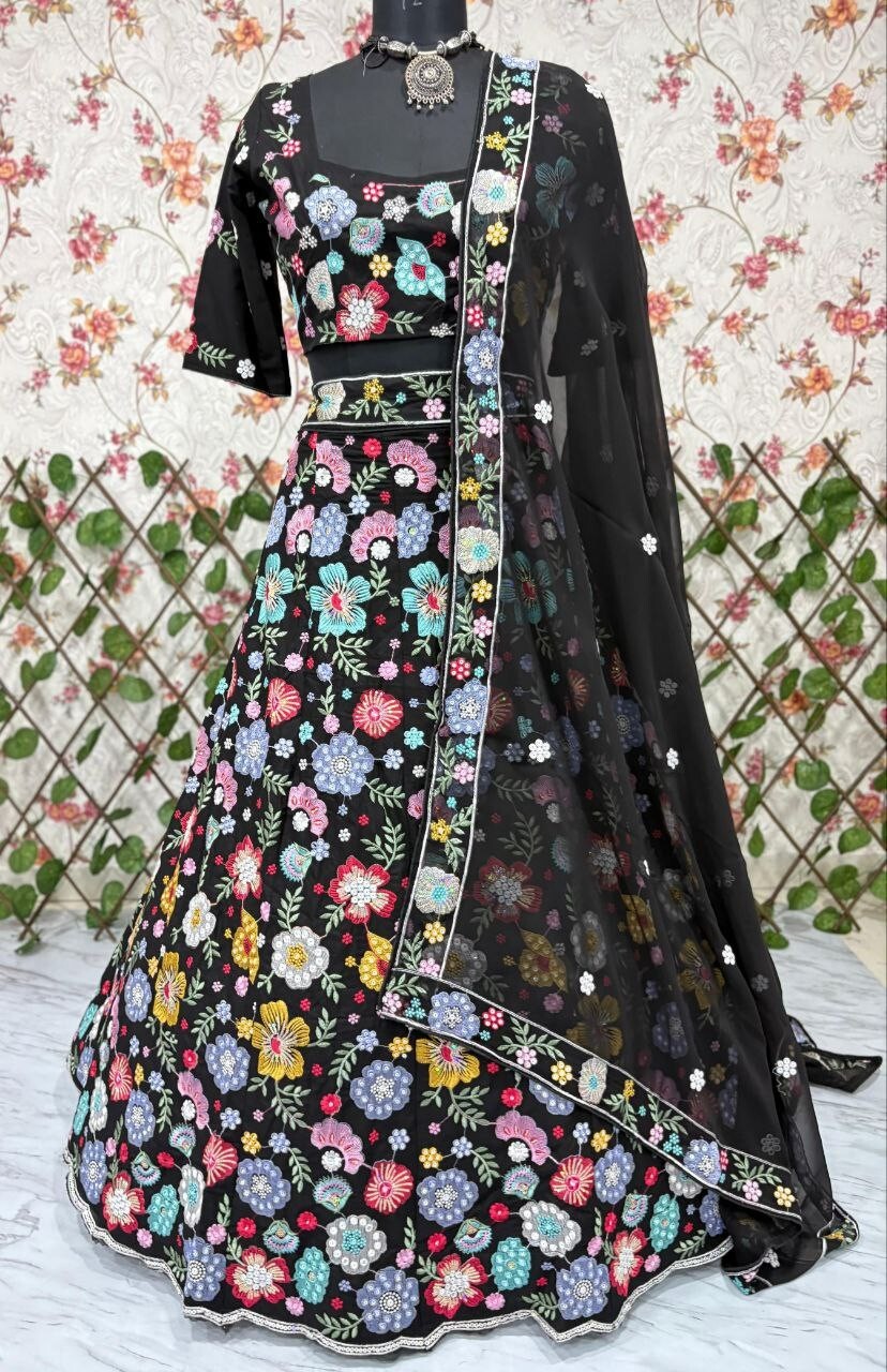 Black Georgette Embrodaried Flower lahenga choli