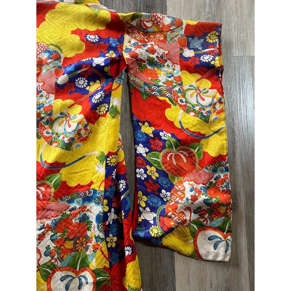 Vintage 70s Handmade Kimono Robe Japanese Childrens Multicolor Floral Fruit