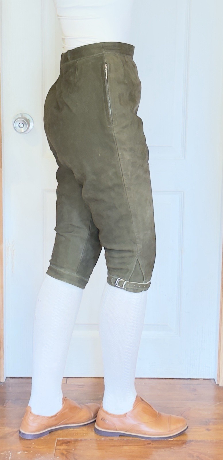 Olive LEATHER Lederhosen Pants Women German Bavarian Oktoberfest Waist 26”
