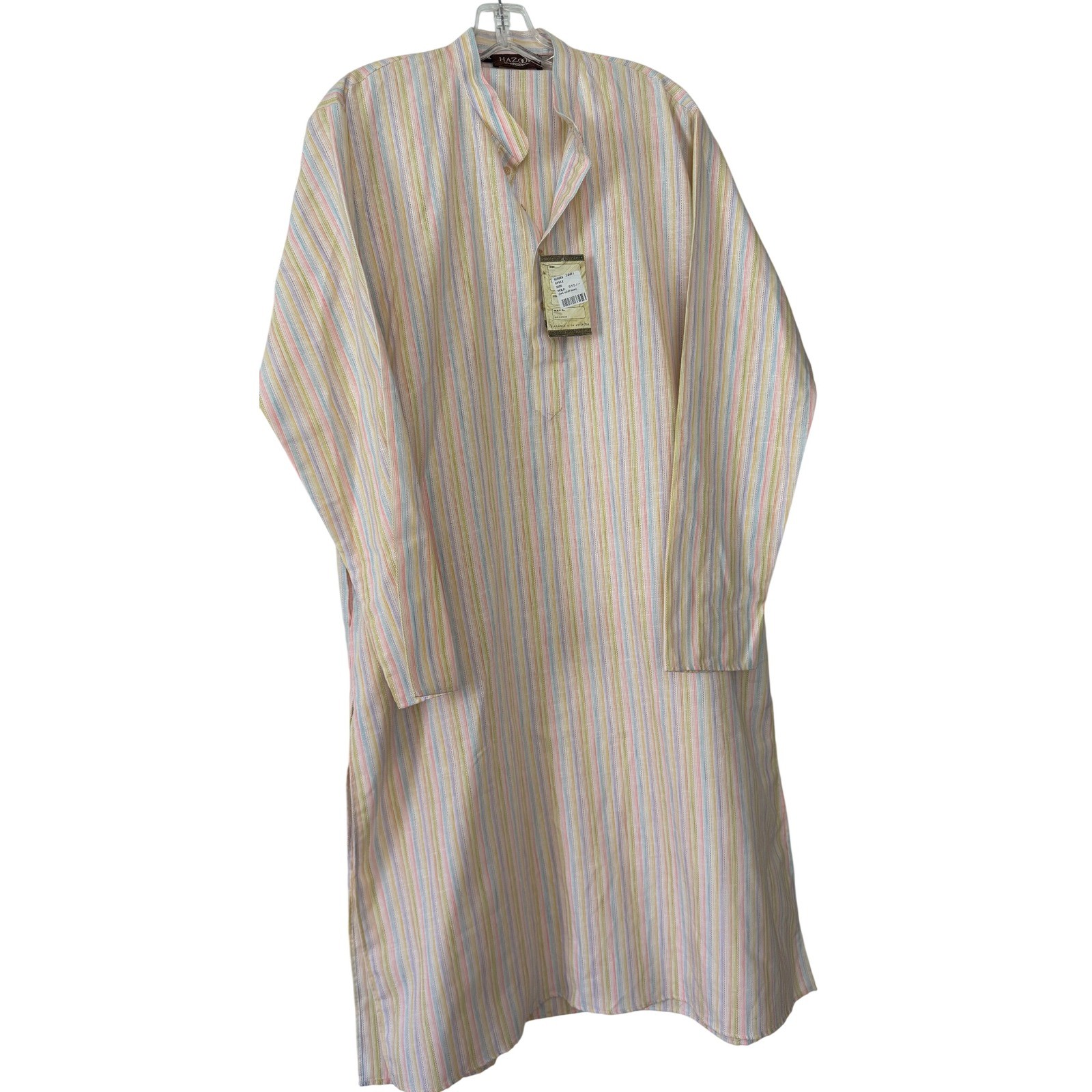 Hazoor Mens Multicolor Pastel Striped Long Tunic Kurta Mandarin Collar 100cm NEW