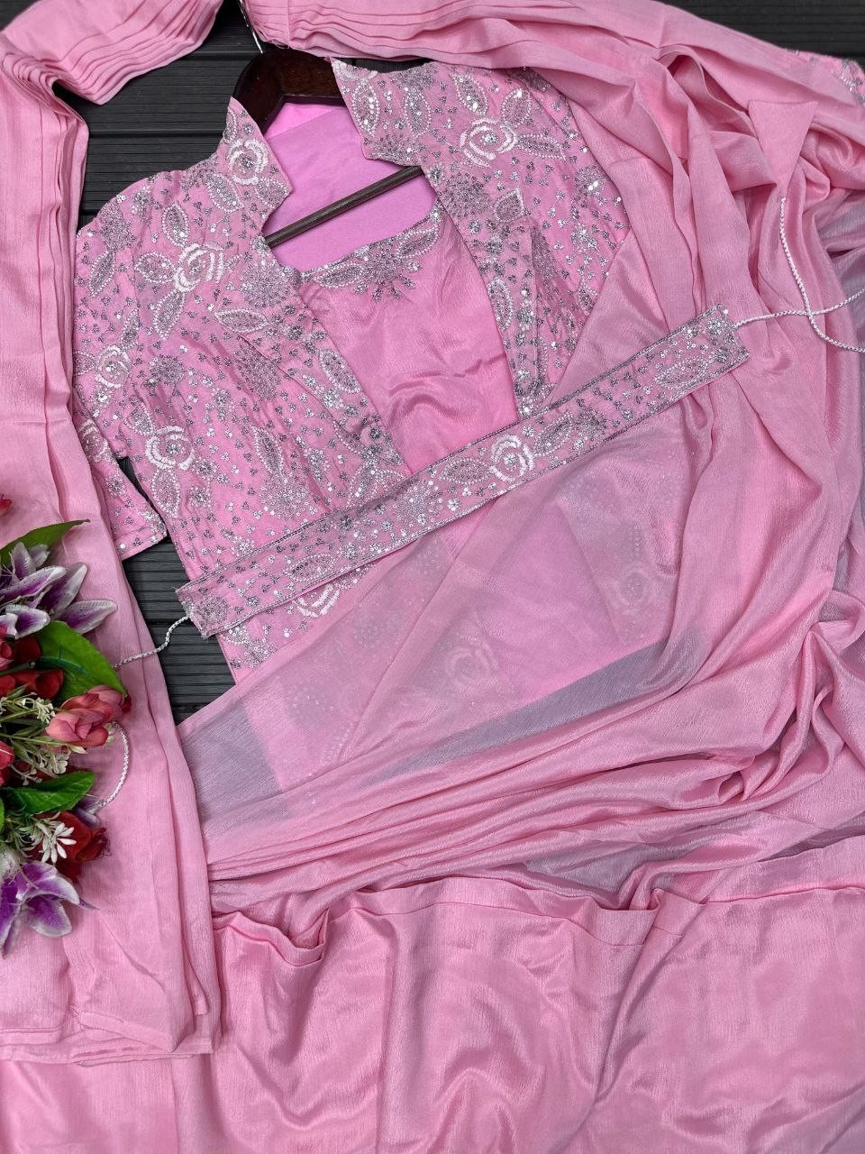 Fancy Designer Chinnon Solid Pre-Draped Saree Stitch Blouse Jacket Belt Set Sari