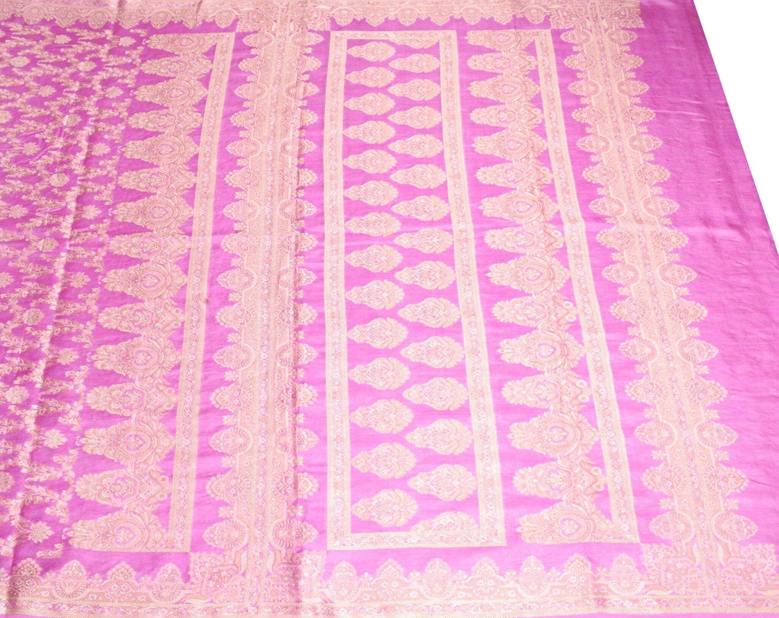 Sushila Vintage Fuchsia Pink Saree Pure Tussar Silk Floral Woven Sari Fabric