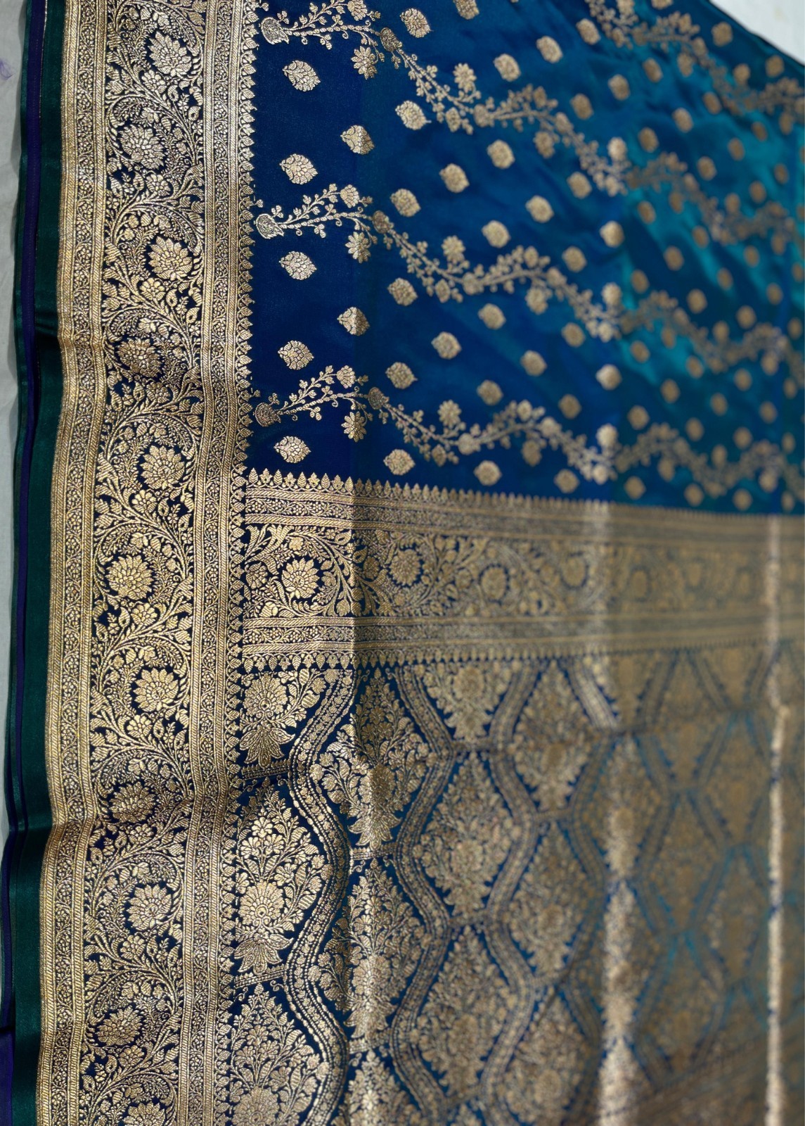Premium Banarasi Katan Silk Saree Blue Gold Zari Aada Buti Wedding Saree