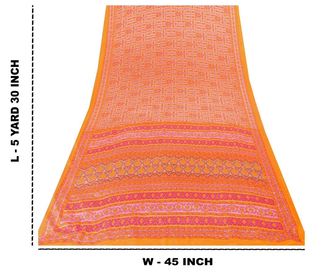 Sanskriti Vintage Sarees Craft Orange & Pink Floral Print 5+Yd Moss Crepe Sari