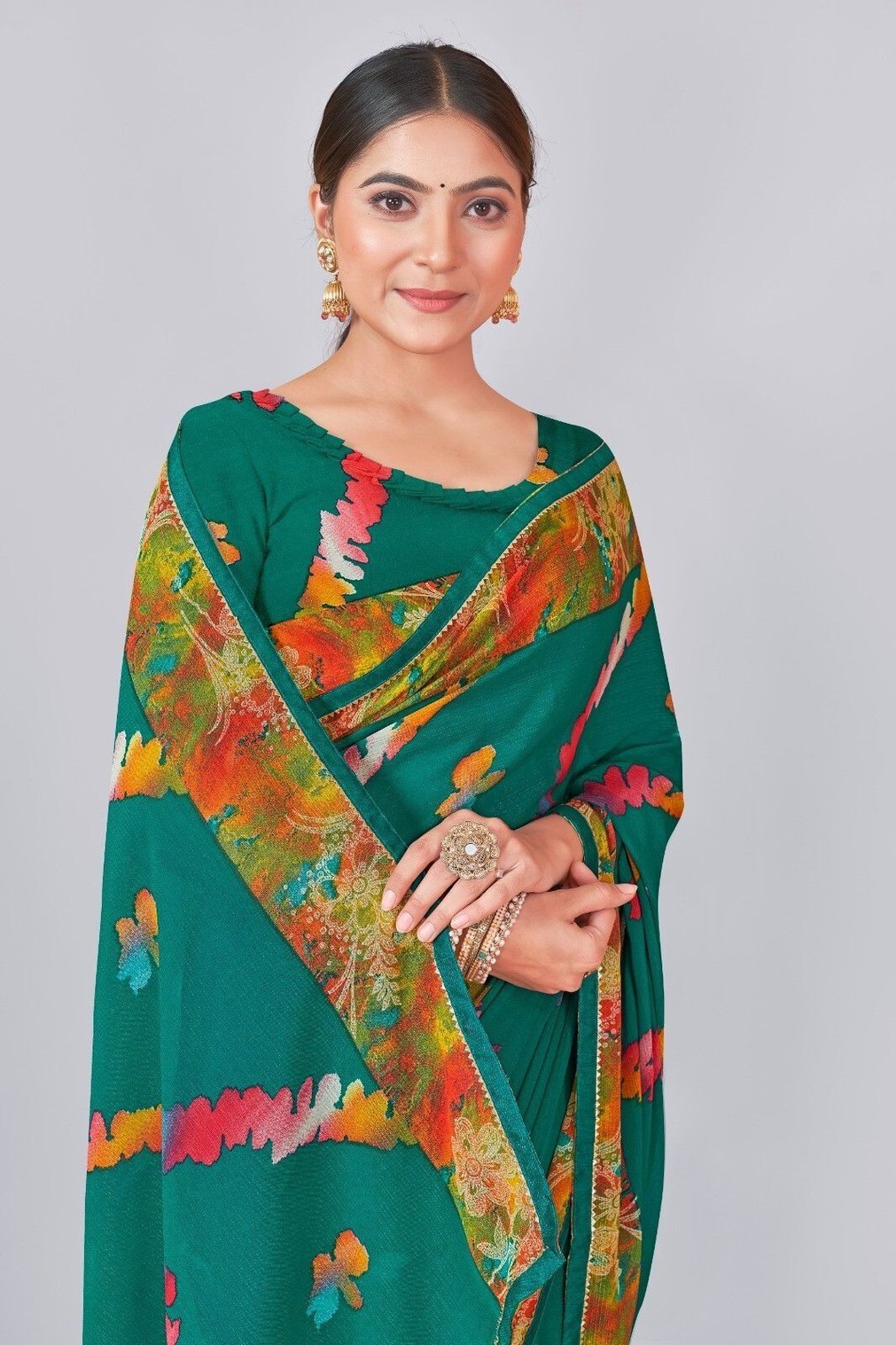 Printed Bandhani Chiffon Saree With Stitched Blouse (Green)