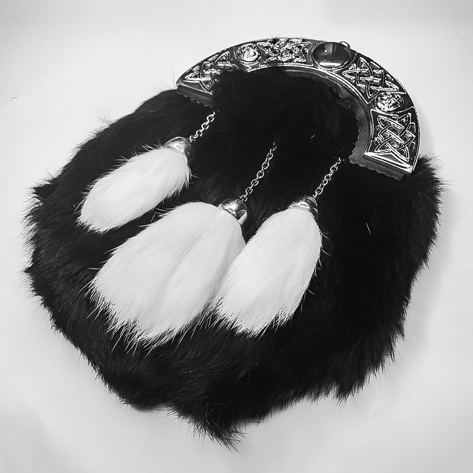 Natural Black Rabbit Fur Scottish Kilt Sporran | Black and White Chroom Cantle