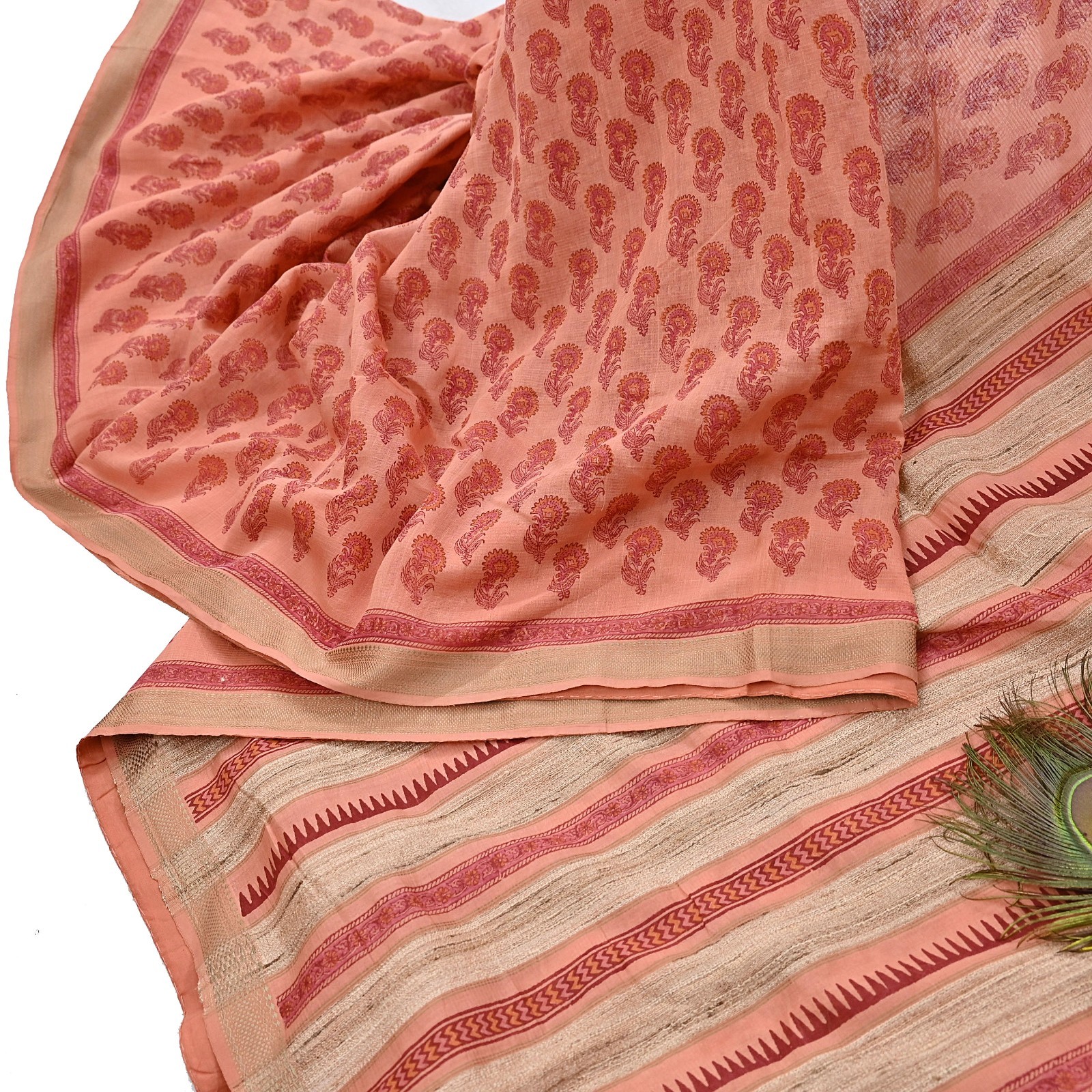 Indian Vintage Peach Block Printed Pure Chanderi Silk Saree Floral woven Border
