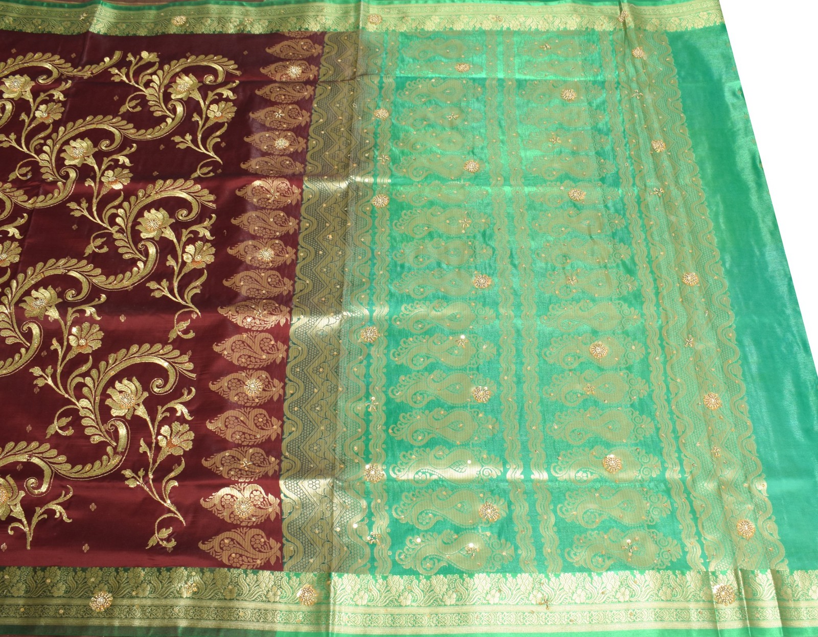 Banarasi Brocade Art Satin Silk Saree Maroon Green Zari Embroidered Sari Fabric