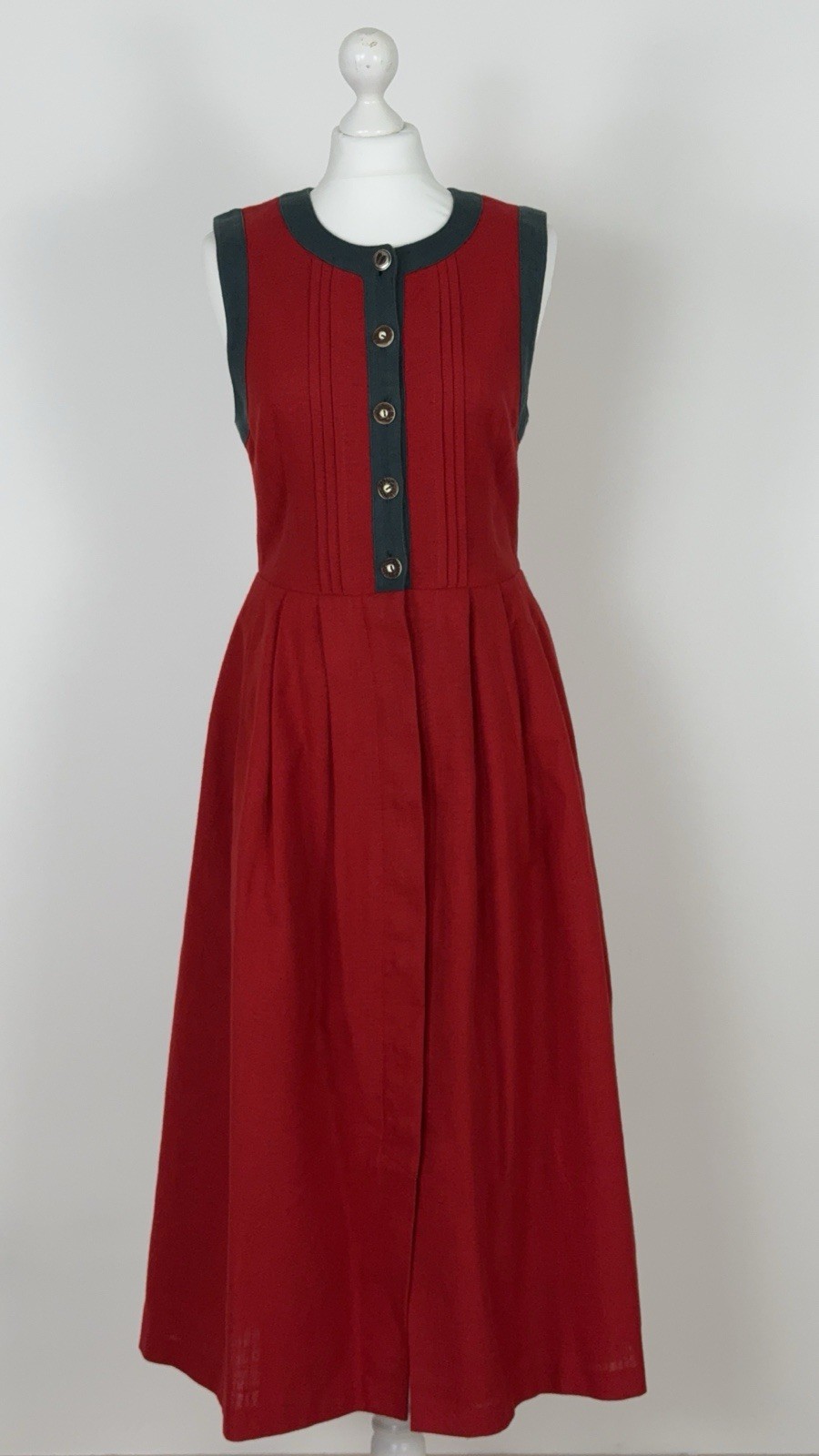Vintage Linen Blend Dirndl Folk Midi Dress Red Austria Size M