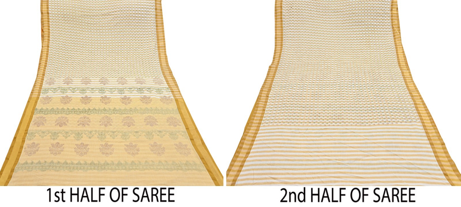 Indian Vintage Sari White & Beige Printed Pure Cotton Sarees Craft Fabric 5YD