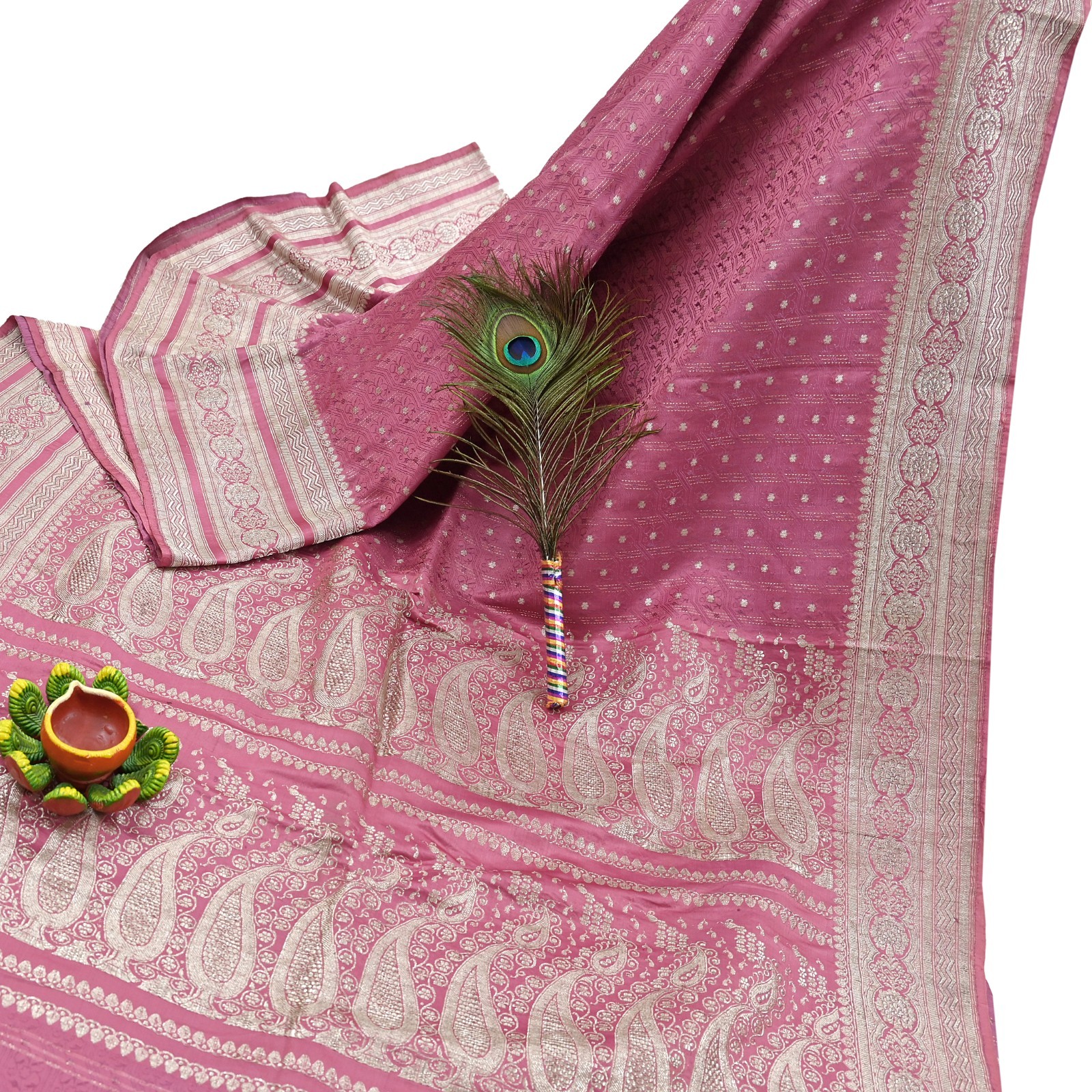 Indian Vintage Sari Heavy Pink Pure Satin Silk Woven Brocade Banarasi Sari 5yd