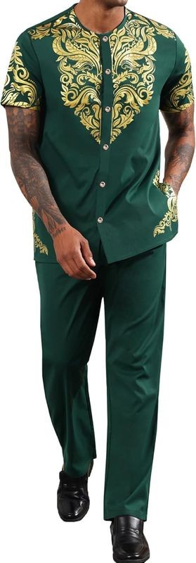 Mens African 2 Piece Set Nigerian Dashiki Metallic Short Sleeve Suit Gold Stamp