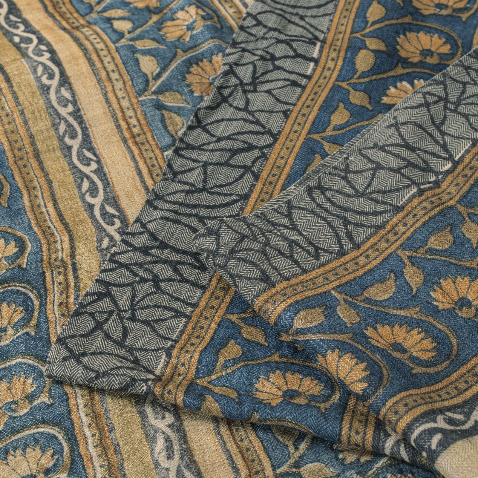 Sanskriti Vintage Blue Pure Woolen Saree Block Printed Sari 5.5+Yd Craft Fabric