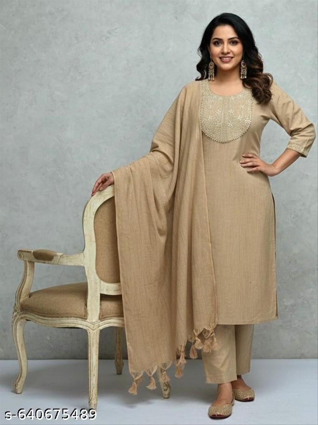 Bollywood Indian Beige Printed Khadi Cotton Kurta Pant Dupatta Readymade Suit A7