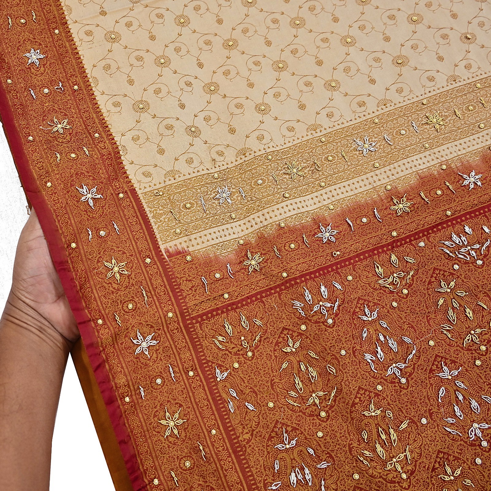 Indian Vintage Beige & Maroon Heavy Saree Pure Satin Silk Hand Embroidered 5yd