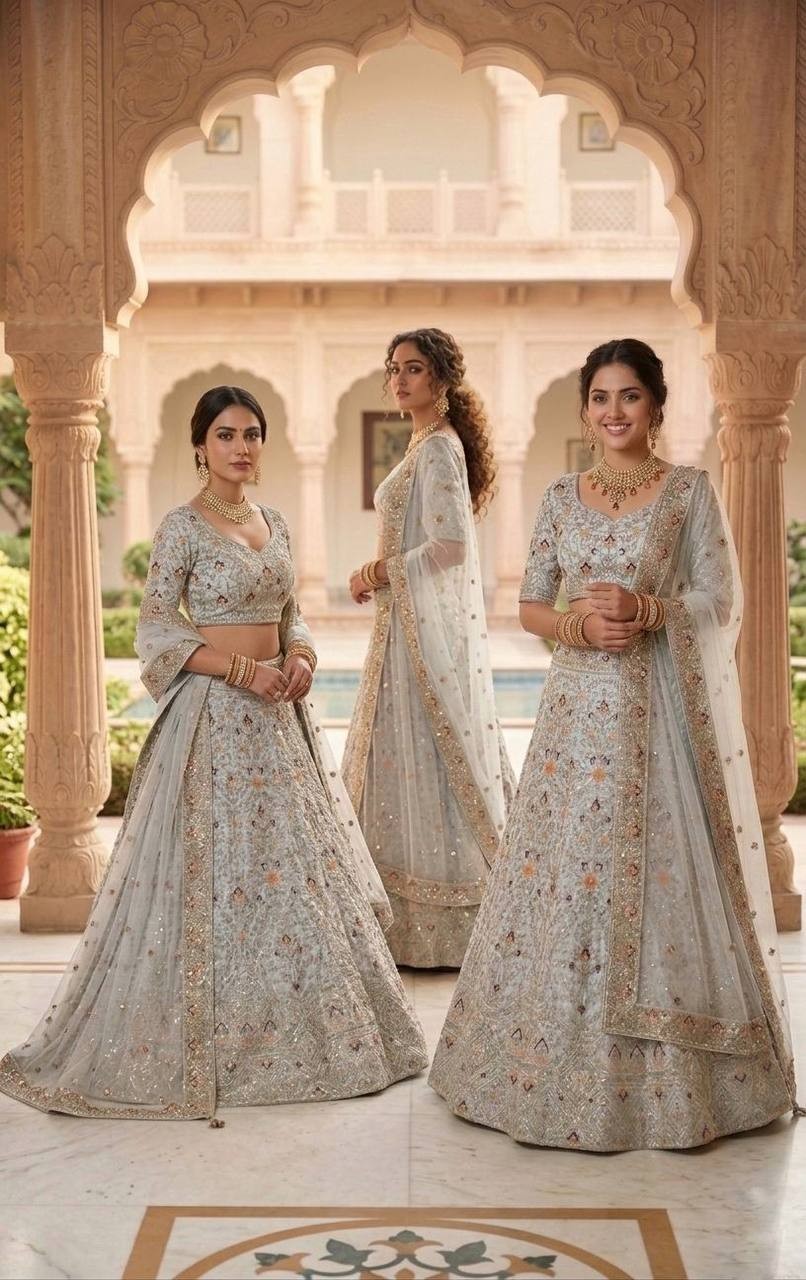 Luxury Satin Silk Lehenga Choli 4m Flare Sequins Work Can-Can Set
