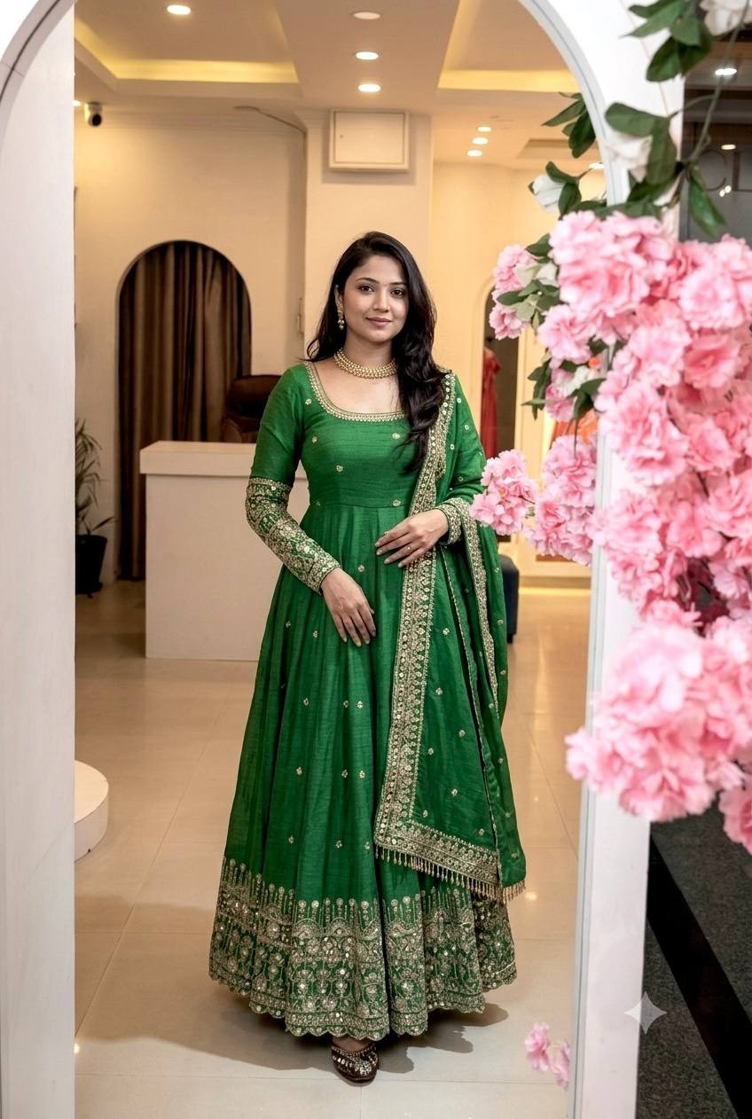 New Presenting Crunchy Silk Green Gown Bottom With Dupatta For Wedding