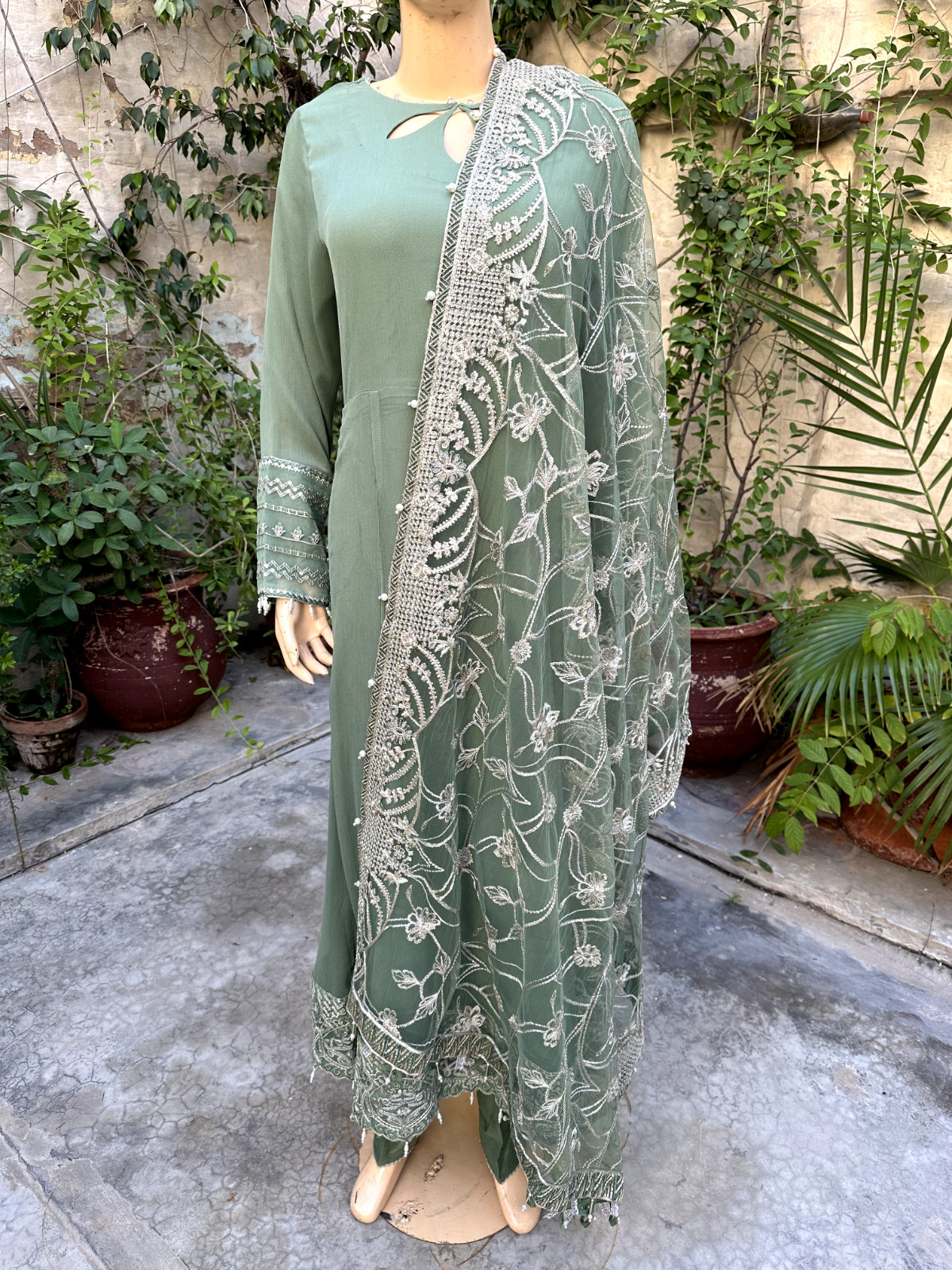 Pakistani Sage Green Long Style Embroidered Sequins fancy Chiffon Dress,XL