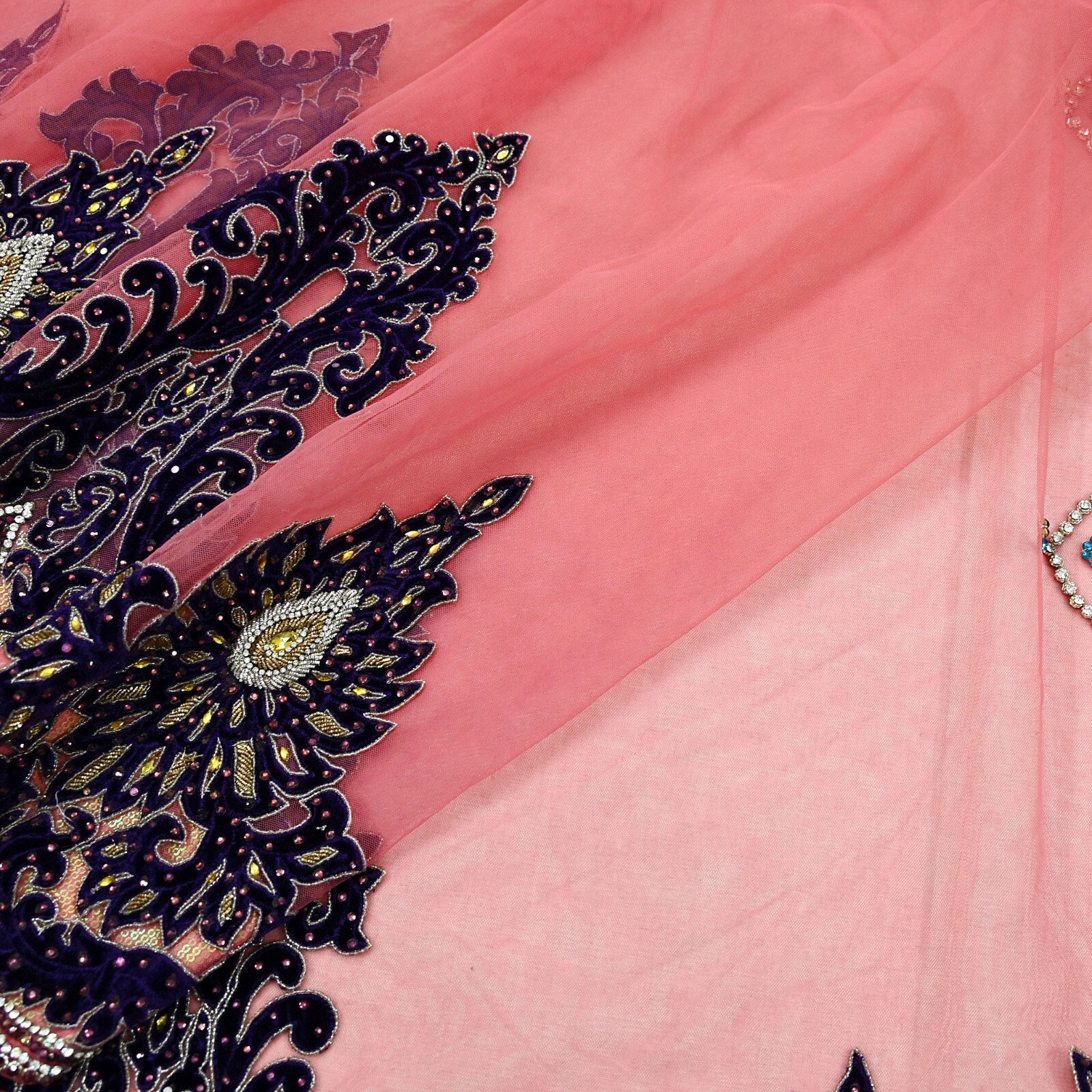 Vintage Heavy Sari Peach Net/Mesh Hand Embroidered Sarees Craft Fabric 5Yd