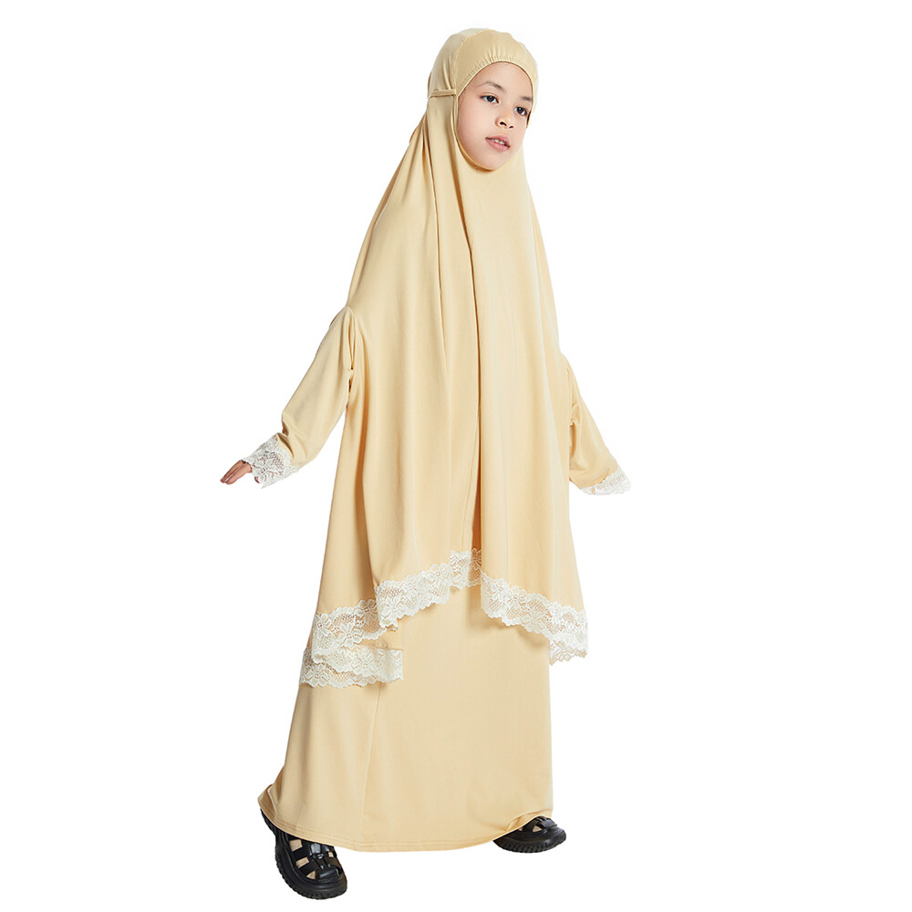 Two Piece Girls Kids Overhead Khimar Hijab Skirt Set Muslim Girls Prayer Dress