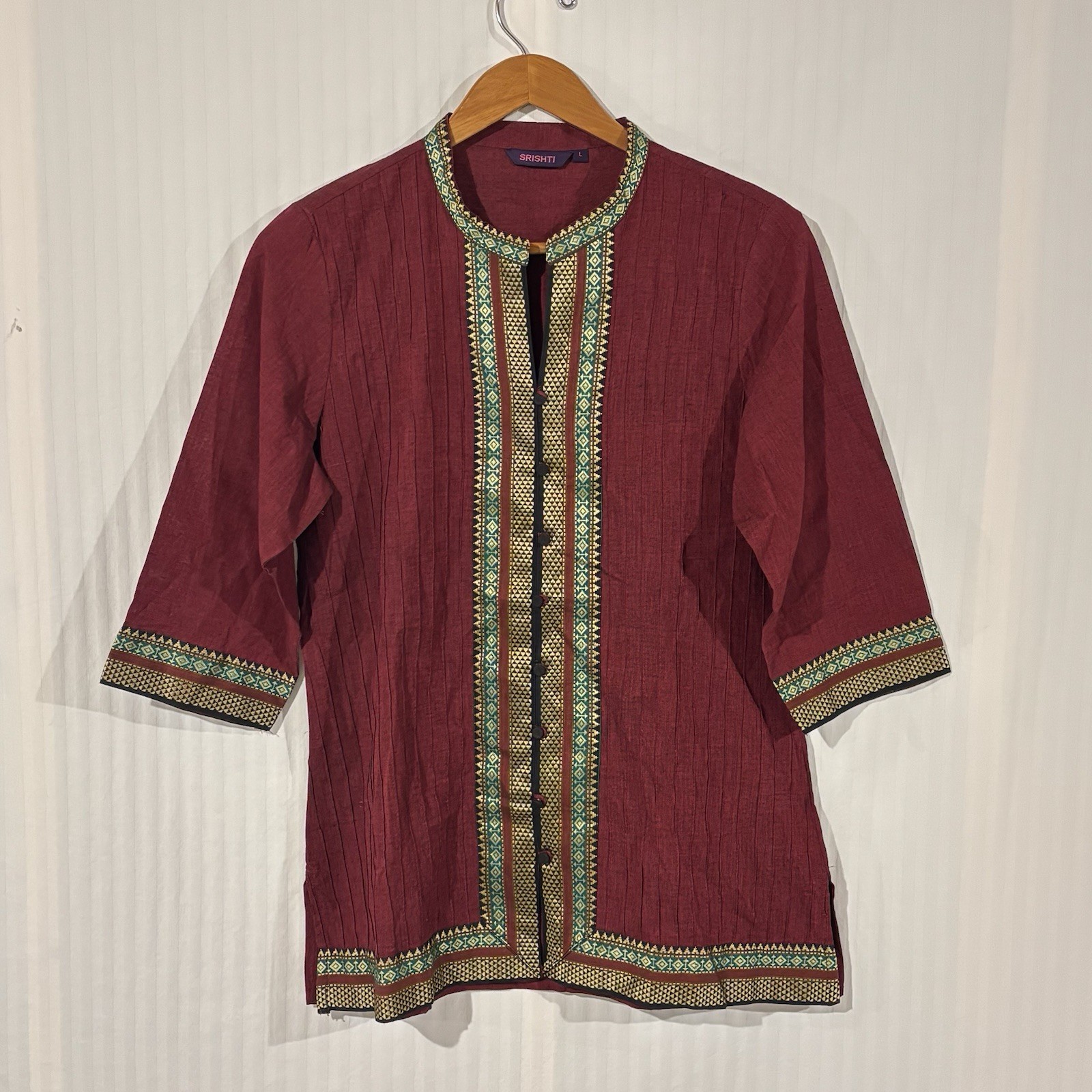 SRISHTI Maroon Kurta Cotton Faux Button Front Size Large Banded Neck W-13