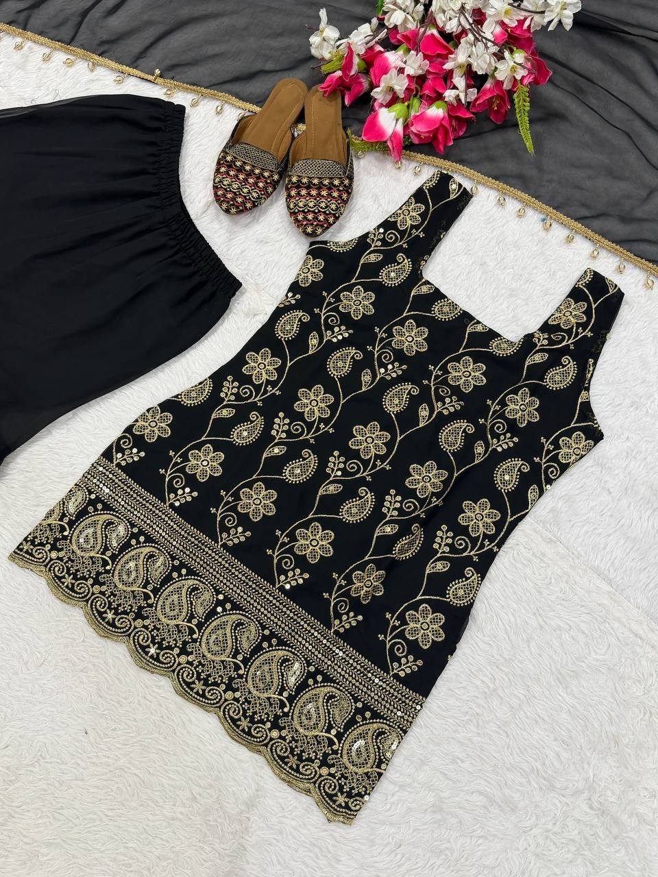 Designer Black Faux Georgette Kurta Palazzo With Dupatta For Wedding Wear