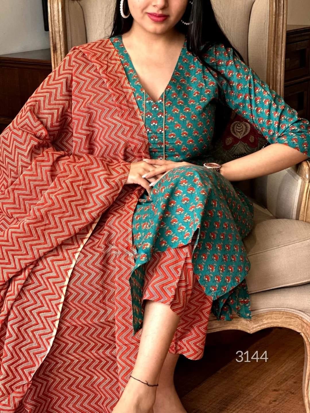 Women’s Cotton Printed Kurta Pant Dupatta Set Ethnic Indian Suit