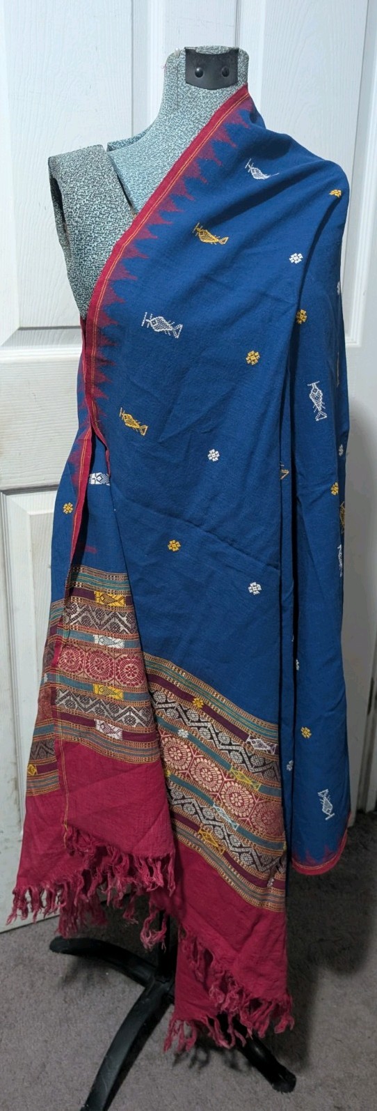 Sanskriti Vintage Saree Blue Dupatta Hand Woven Ikat Sari Fabric Scarf Shawl
