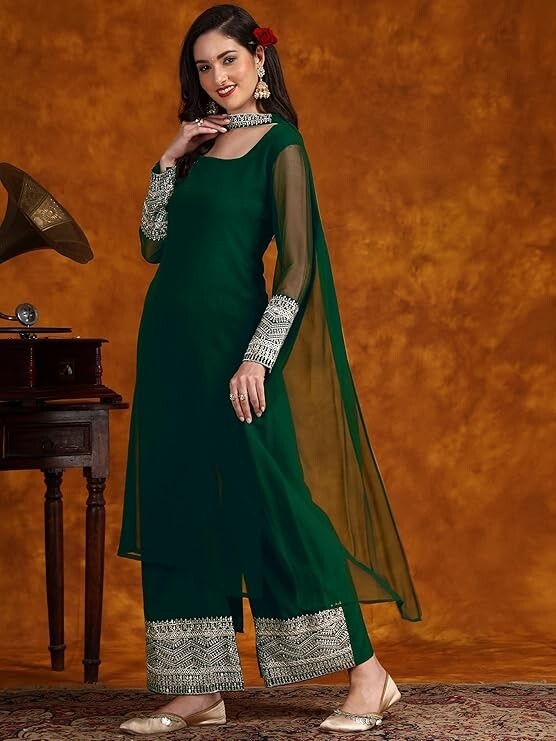 Women Indian Black Georgette Kurta Top With Trousers , Kurti, Pants & Dupatta