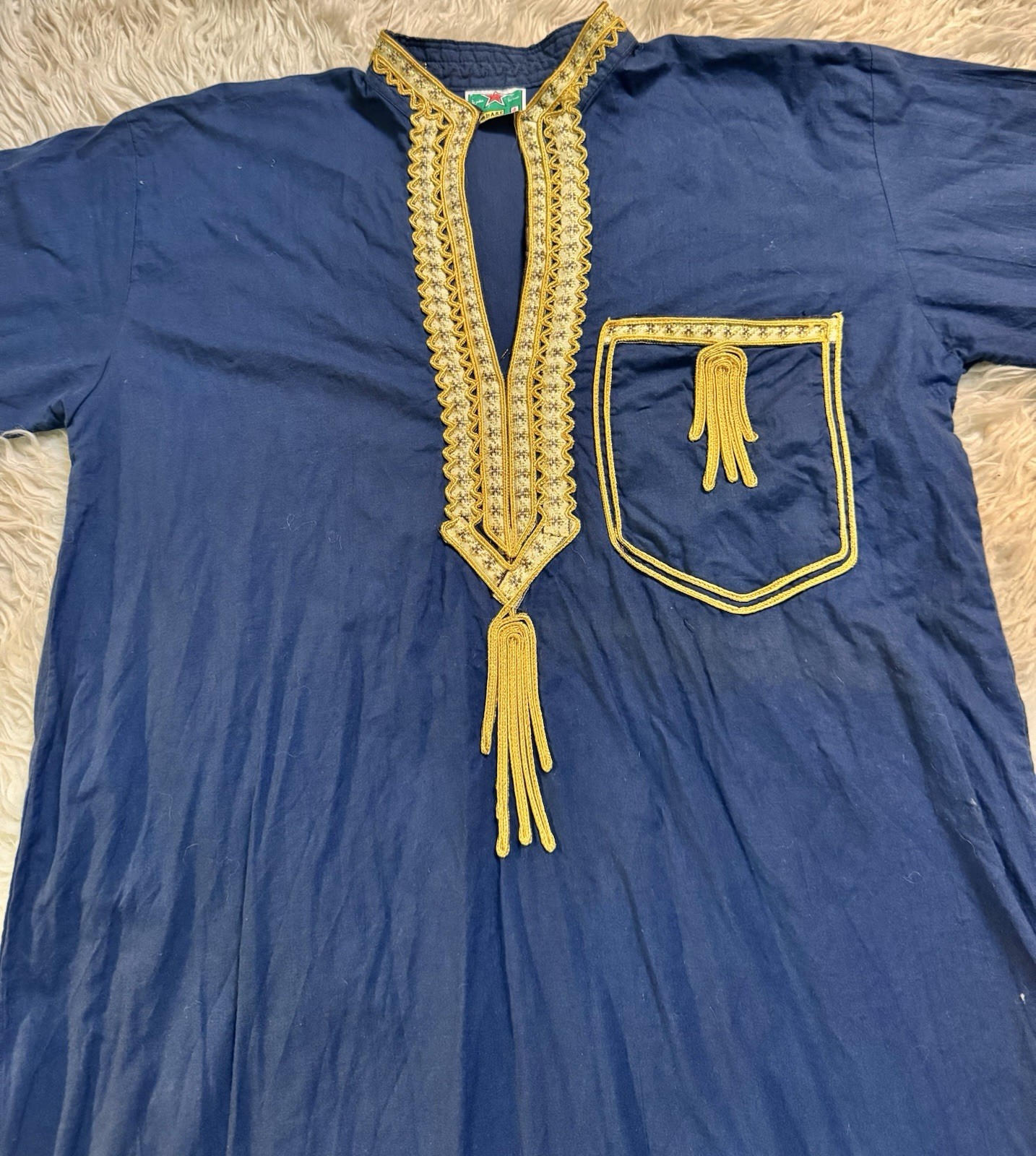 Vtg Men’s Moroccan Thobe Kandora Robe Navy Embroidered Gold Tassels Shirt Gown S