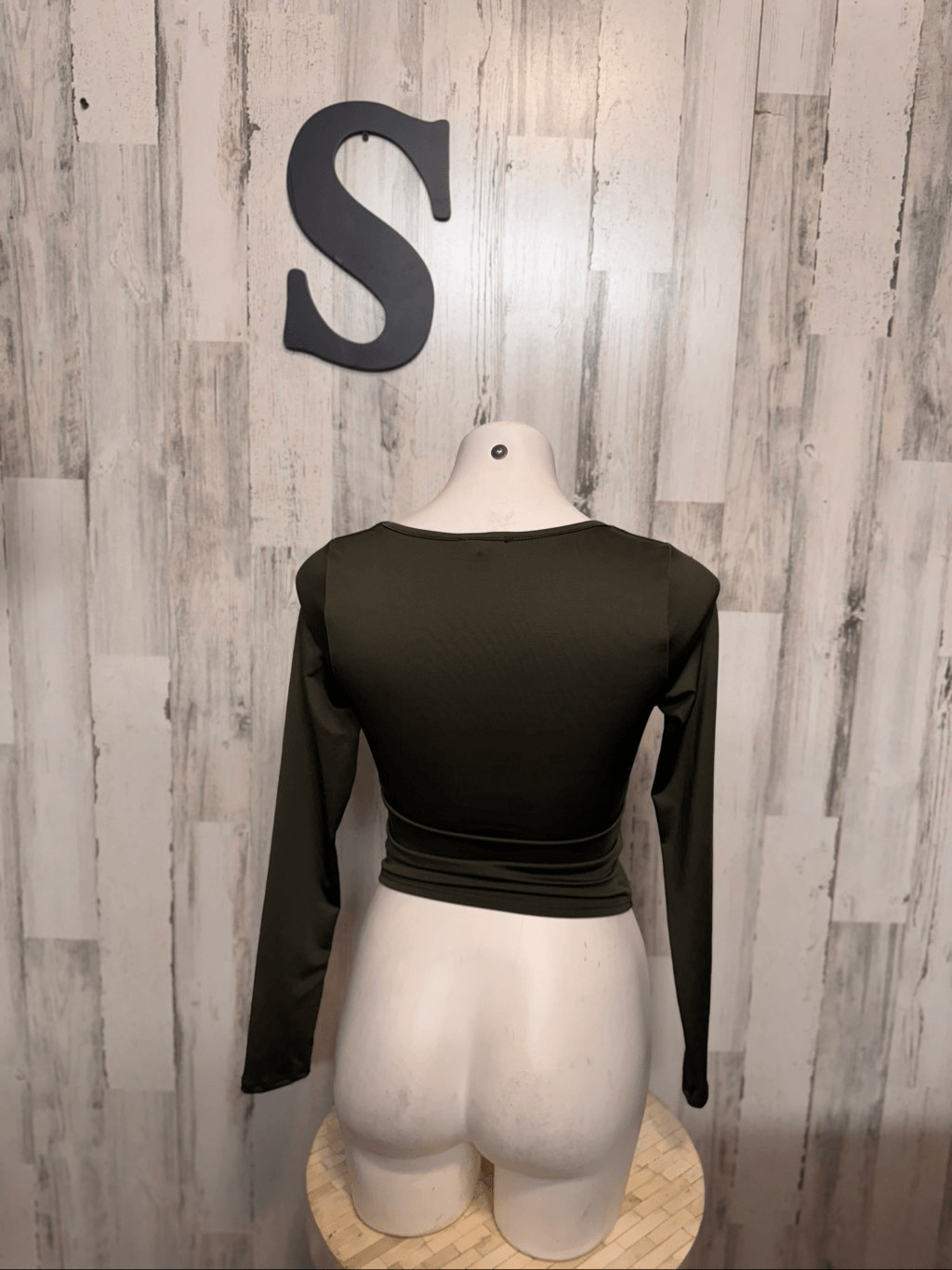 Live in the Moment Olive Green Crop Top Womens Size Small S Square Neck Long Sle