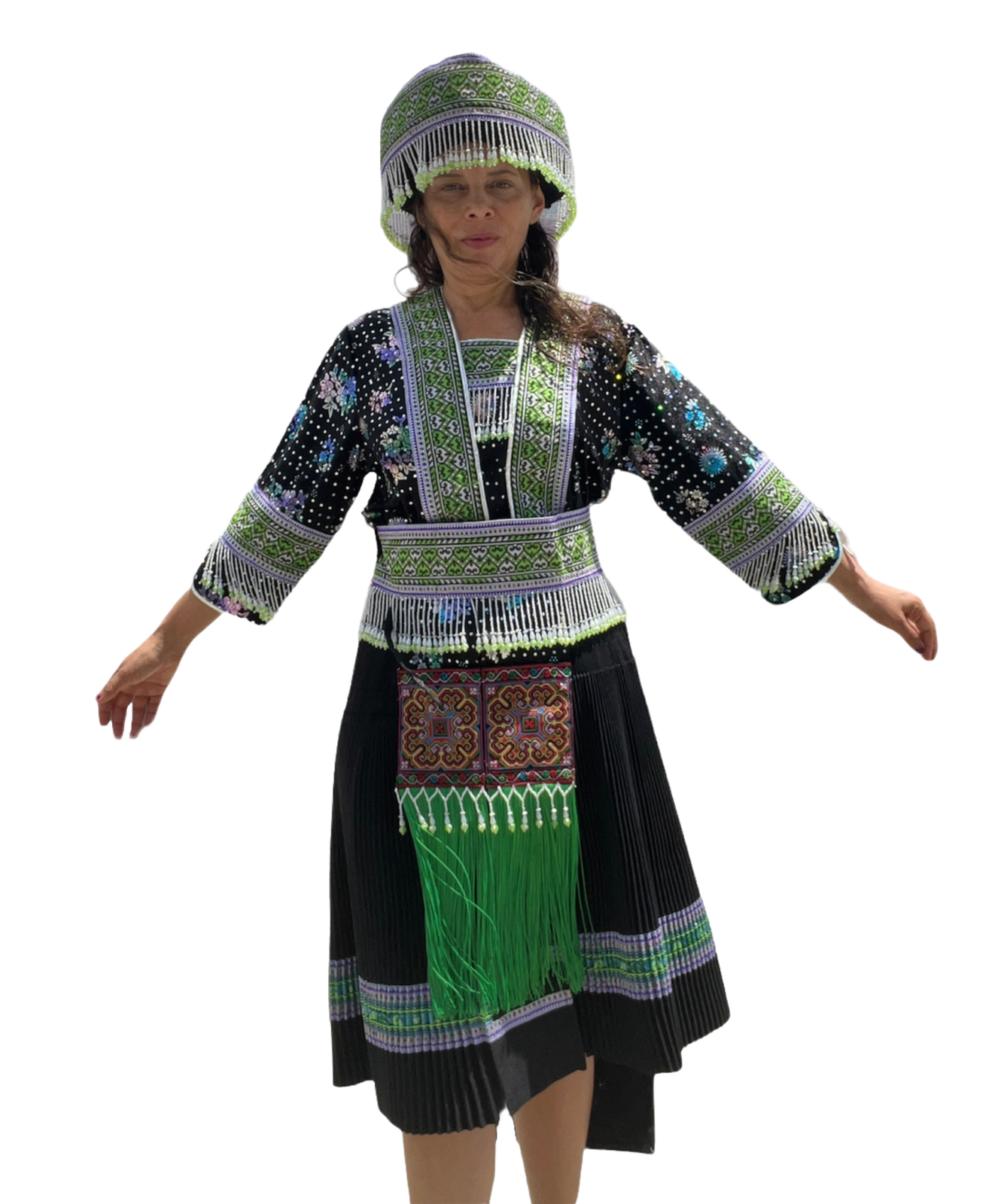 Hmong 5 pcs lot set Woman Dance Costume Hat Skirt belt jacket top fringe blouse