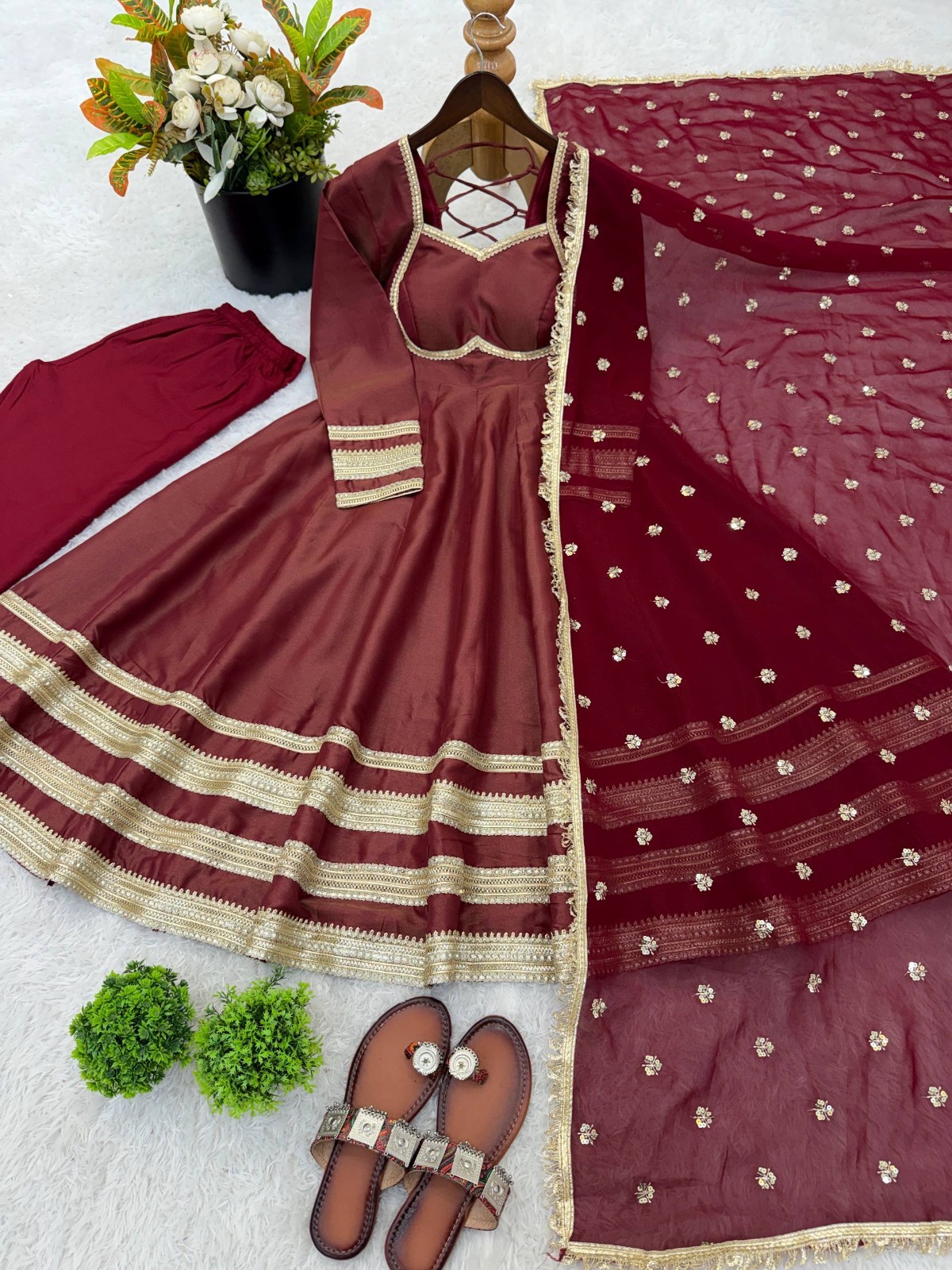 Readymade Cosmos Gold Maroon Gown Bottom With Dupatta For Function Wear