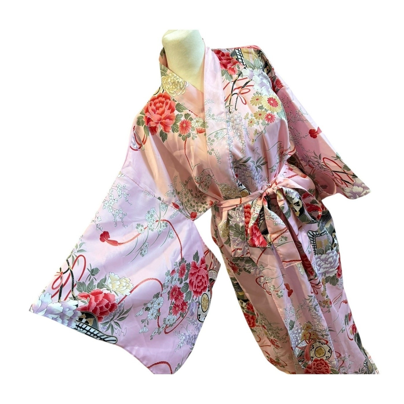 Pink Floral Kimono Robe Womens Satin Yukata Long Duster Lounge Belt