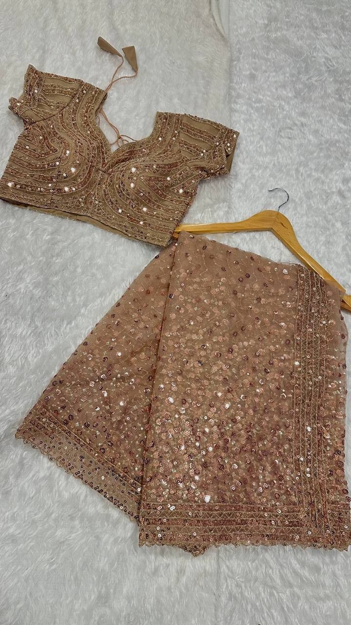 Latest Collection Net Fabric Beige Saree With Blouse For Indian Function