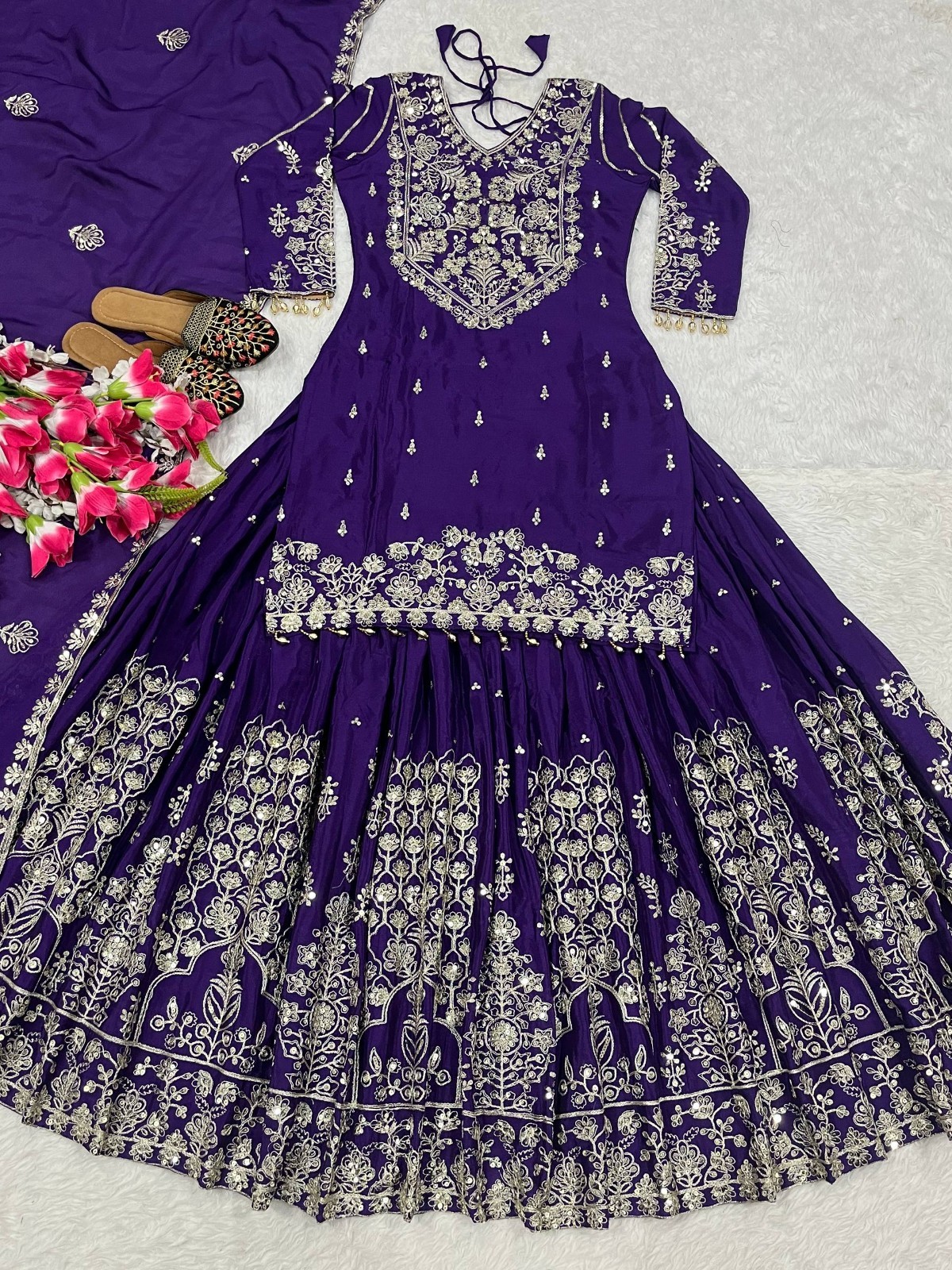 Stylish Heavy Chinon Silk Purple Top Lehenga With Dupatta For Wedding Wear