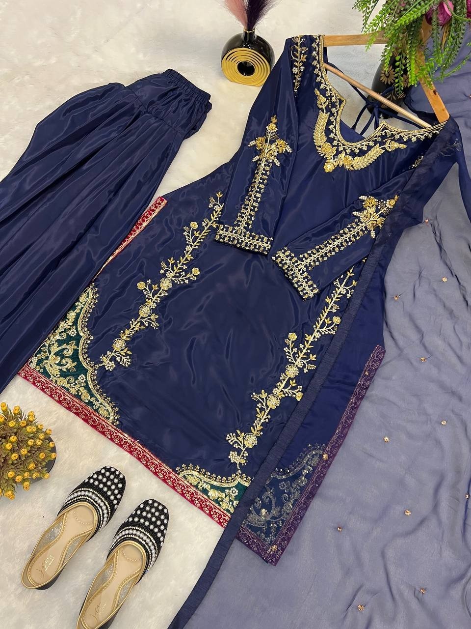 Beautiful Heavy Natural Crap Blue Top Farshi Palazzo And Dupatta For Festive
