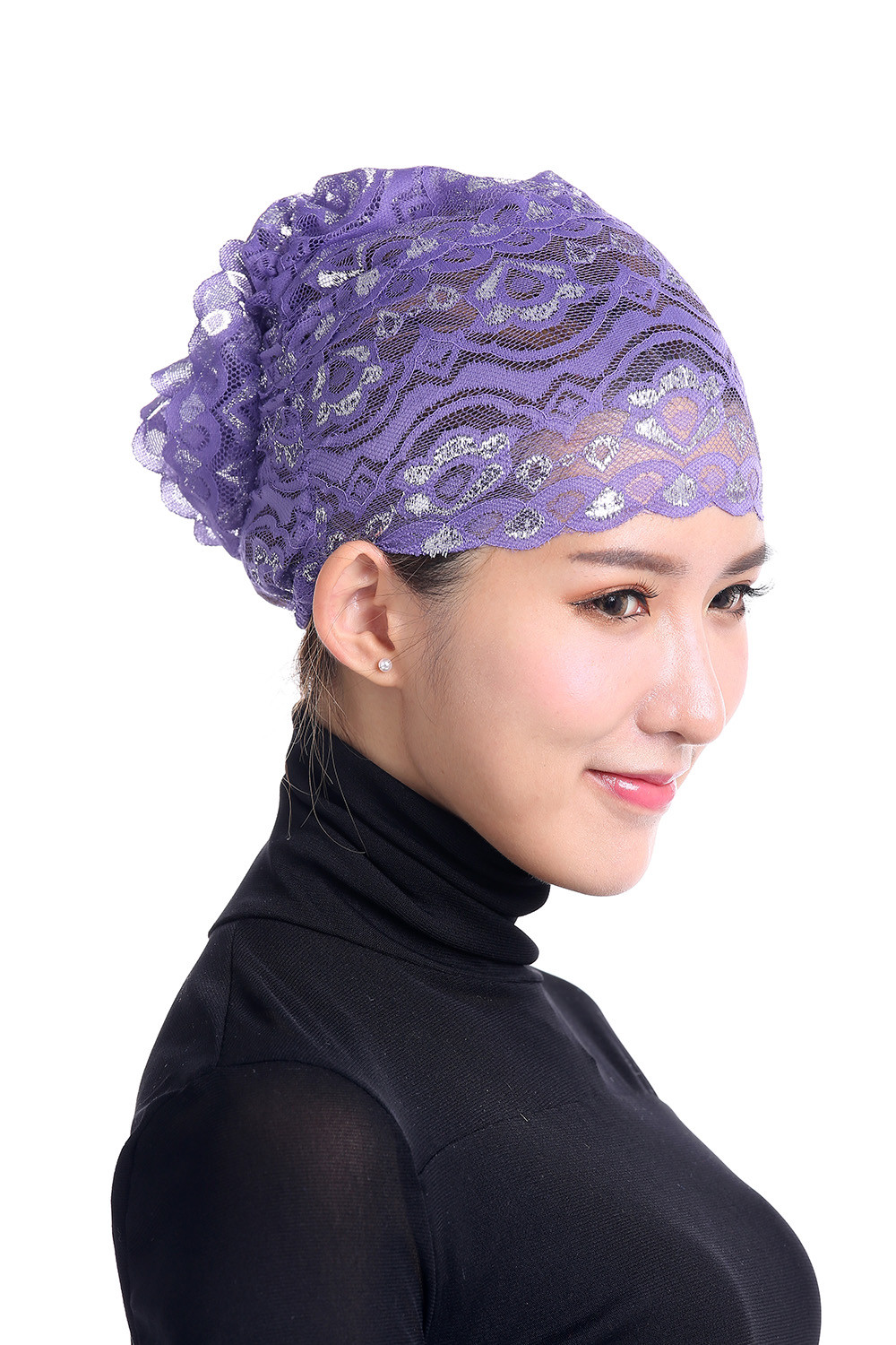 Muslim Womens Inner Hijab Cap Lace Flower Turban Headwear Islamic Headscarf Hats